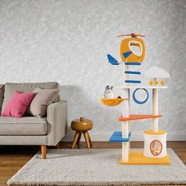 BreeBe - Tall 70" Airplane-Themed Cat Tree Featuring Helicopter Perch and Play Platforms - Yellow