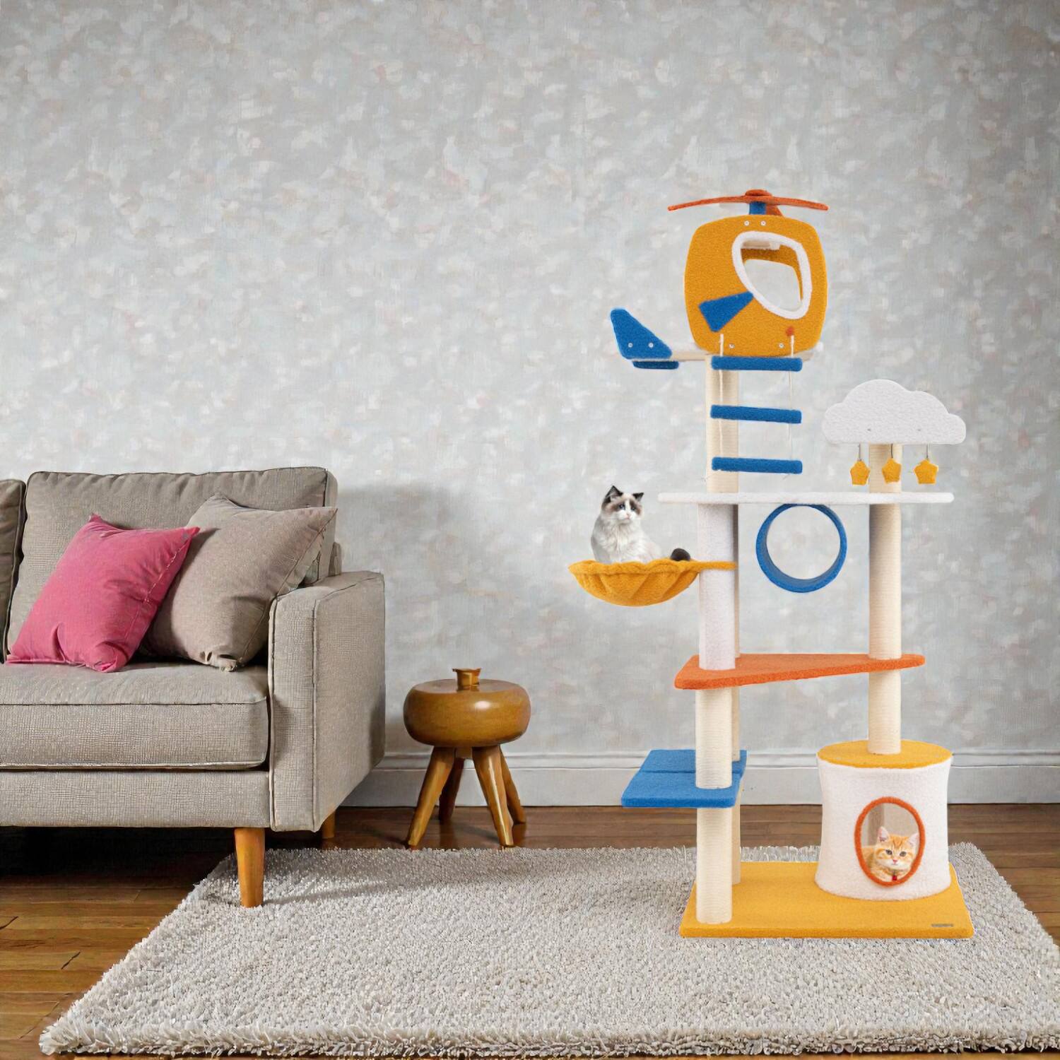 Front. BreeBe - Tall 70" Airplane-Themed Cat Tree Featuring Helicopter Perch and Play Platforms - Yellow.