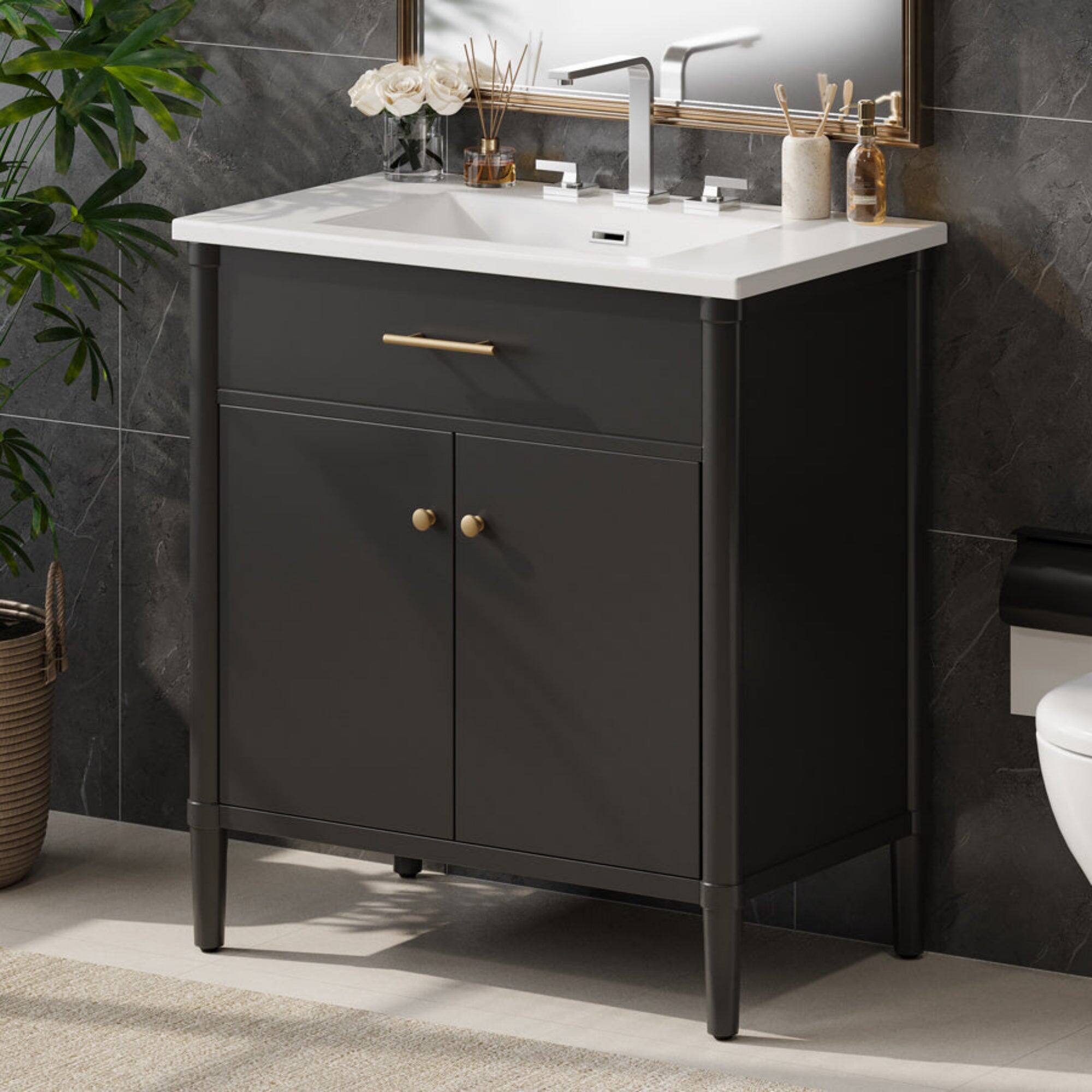 Alt View 5. Boyel Living - 31 Inch Bathroom Vanity with Sink Soft Close Doors Adjustable Shelf Curved Design Rubber Wood Legs Black - Black.