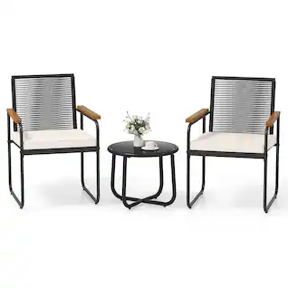 Costway - 3 PCS Patio Furniture Set with Round Tempered Glass Top Table Armrests & Cushions - Black