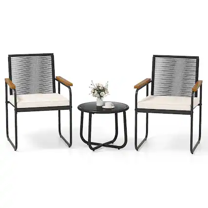 Front. Costway - Costway 3 PCS Patio Furniture Set with Round Tempered Glass Top Table Armrests & Cushions - Black.