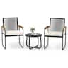 Costway - 3 PCS Patio Furniture Set with Round Tempered Glass Top Table Armrests & Cushions - Black