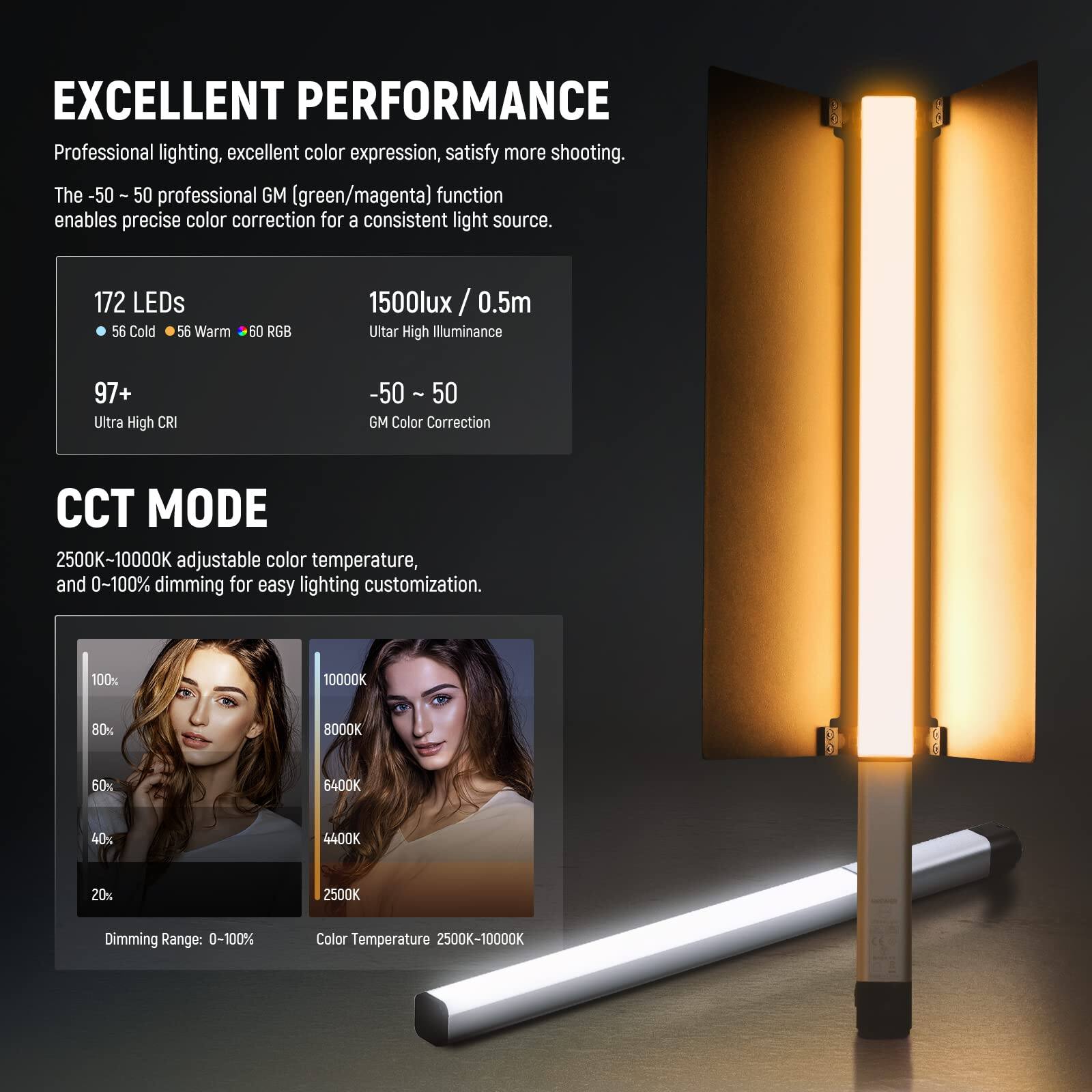 EXCELLENT PERFORMANCE

Professional lighting, excellent color expression, satisfy more shooting. The -50 : 50 professional GM (green/magenta) function enables precise color correction for a consistent light source.

172 LEDs
- 56 Cold
- 56 Warm
- 60 RGB
1500lux / 0.5m
Ultra High Illuminance
97+ Ultra High CRI
-50 - 50 GM Color Correction

CCT MODE
2500K-10000K adjustable color temperature, and 0~100% dimming for easy lighting customization.

Dimming Range: 0-100%
Color Temperature: 2500K-10000K