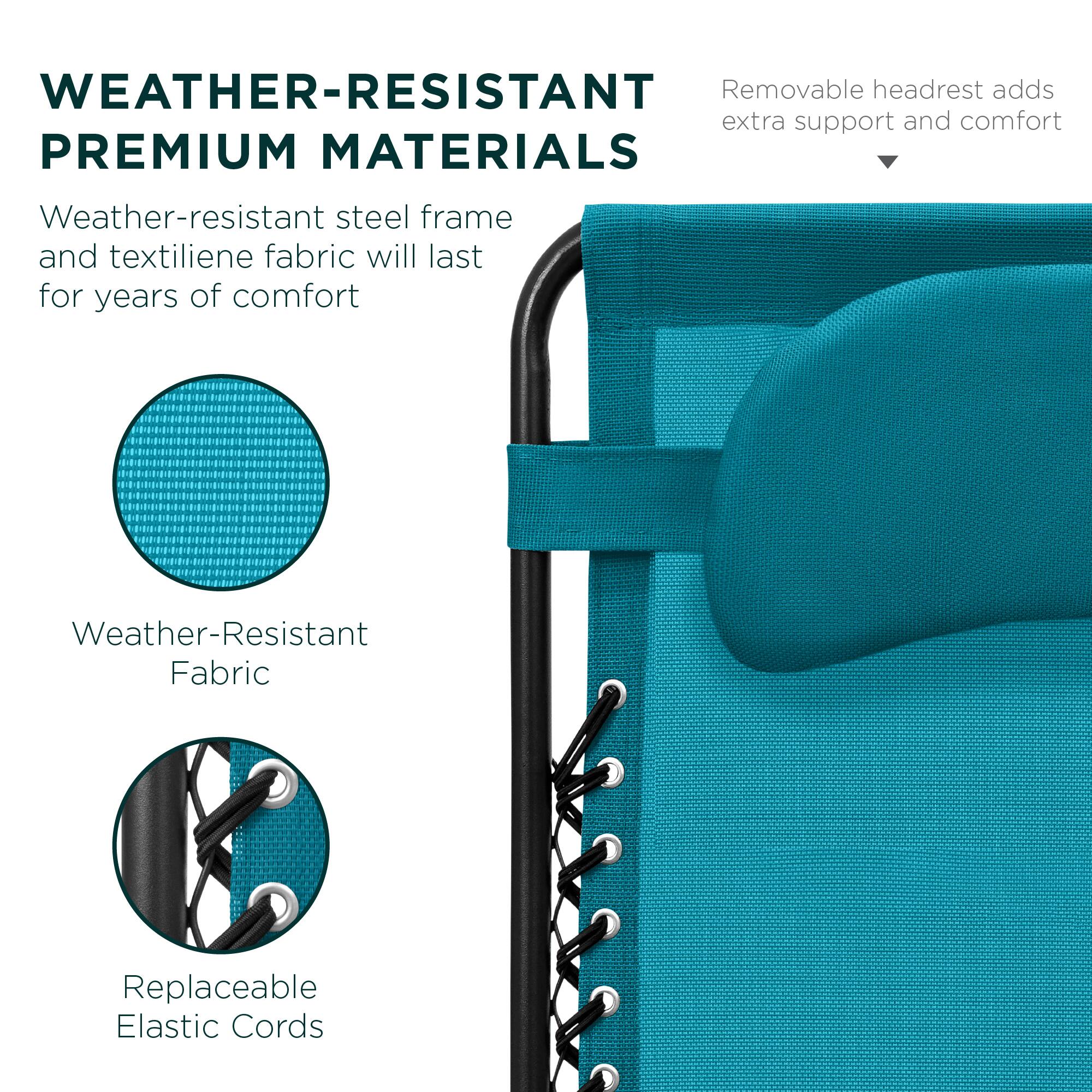 **WEATHER-RESISTANT PREMIUM MATERIALS**

Weather-resistant steel frame and textilene fabric will last for years of comfort

- Weather-Resistant Fabric
- Replaceable Elastic Cords

Removable headrest adds extra support and comfort