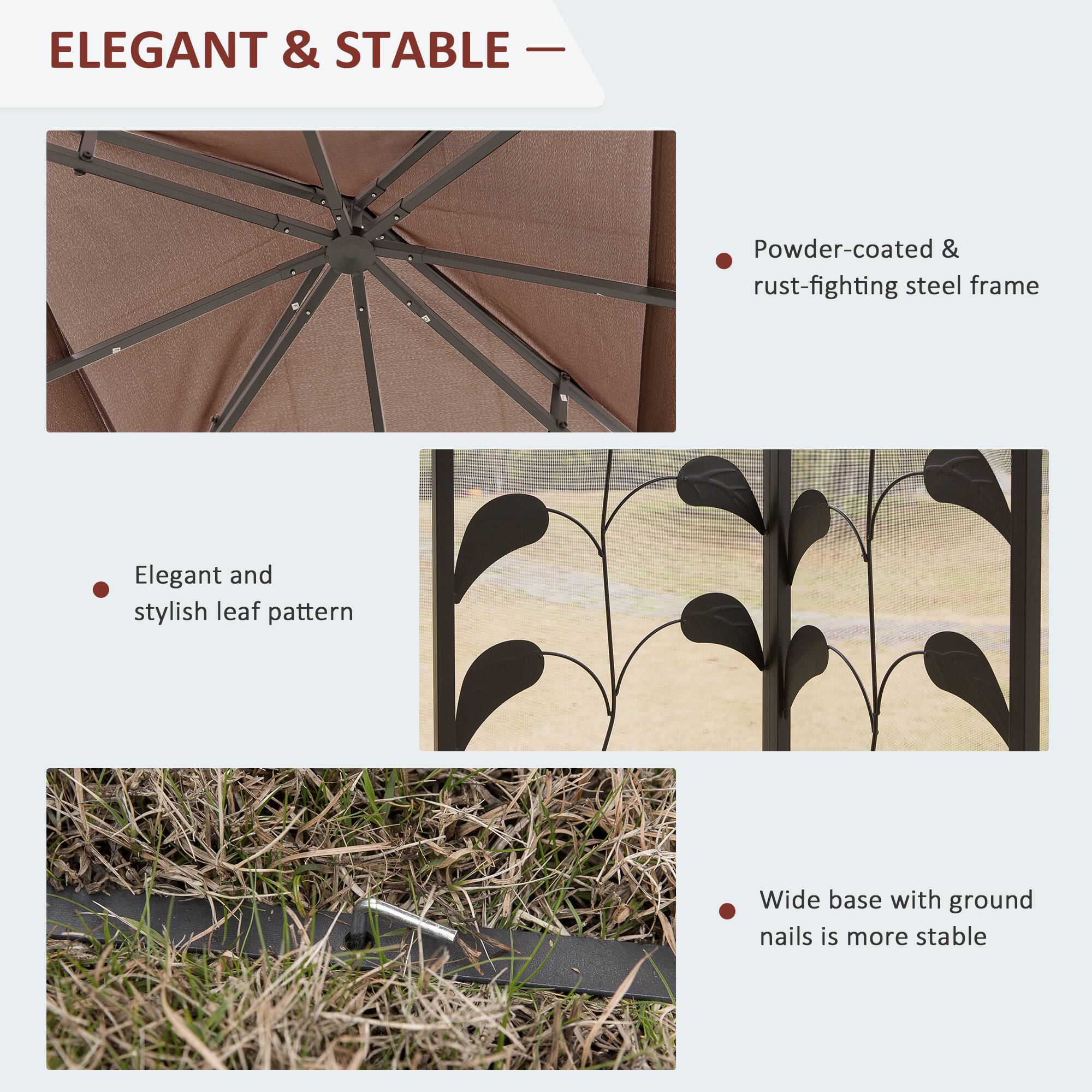ELEGANT & STABLE

Powder-coated & rust-fighting steel frame

Elegant and stylish leaf pattern

Wide base with ground nails is more stable