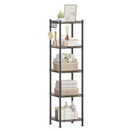 Songmics Home - 5-Tier Bathroom Shelf, Storage Rack for Small Space, with 5 PP Shelf Liners, Removable Hook, Extendable Design - Ink Black and Rustic Brown