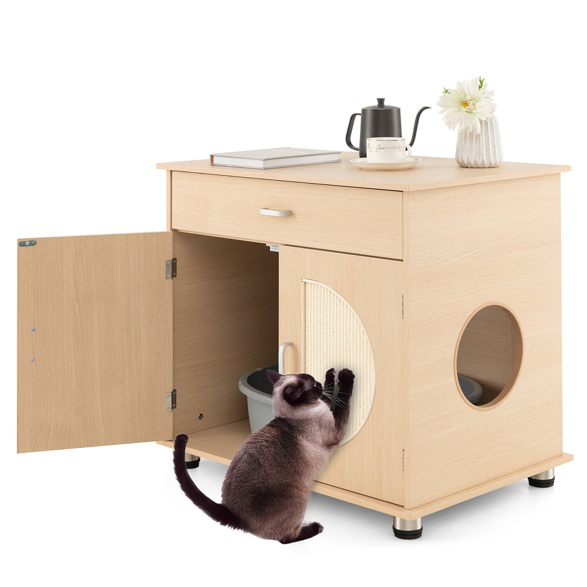 Alt View 8. Gymax - Gymax Cat Litter Box Enclosure w/ Sisal Scratching Doors Storage Adjustable Metal Feet - Natural.