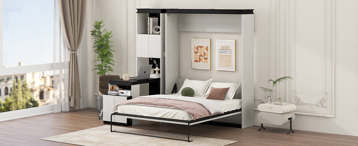 Alt View 4. Tiramisubest - Full Size Murphy Bed with Desk, Storage, Black+White, Solid Wood+MDF, 82x81x83 inches, 355 lbs - Black White.