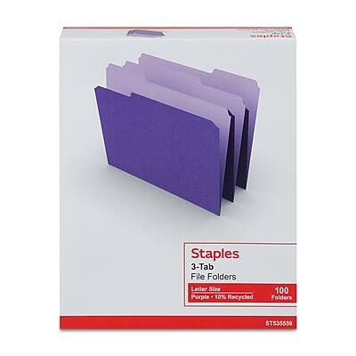 Staples  
3-Tab File Folders  
Letter Size  
Purple - 10% Recycled  
100 Folders  
ST53559