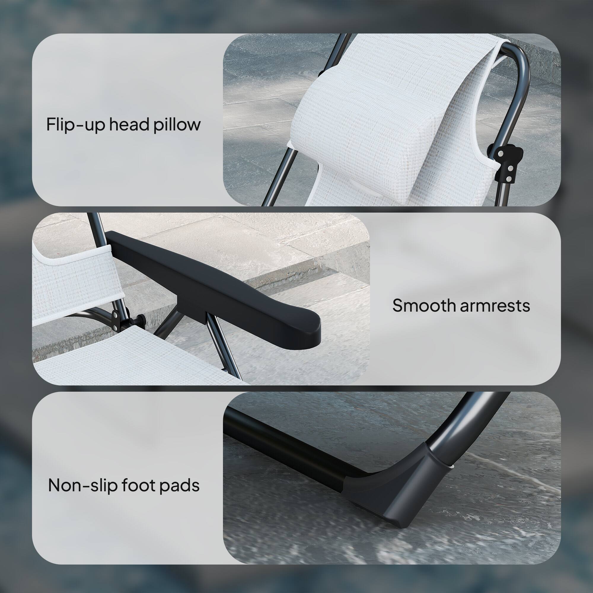 Flip-up head pillow, Smooth armrests, Non-slip foot pads