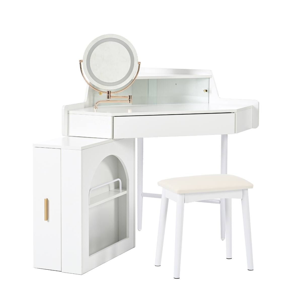 Alt View 6. Loheer - Loheer Corner Makeup Vanity Desk with LED Mirror, White Vanity Set with Stool - White.