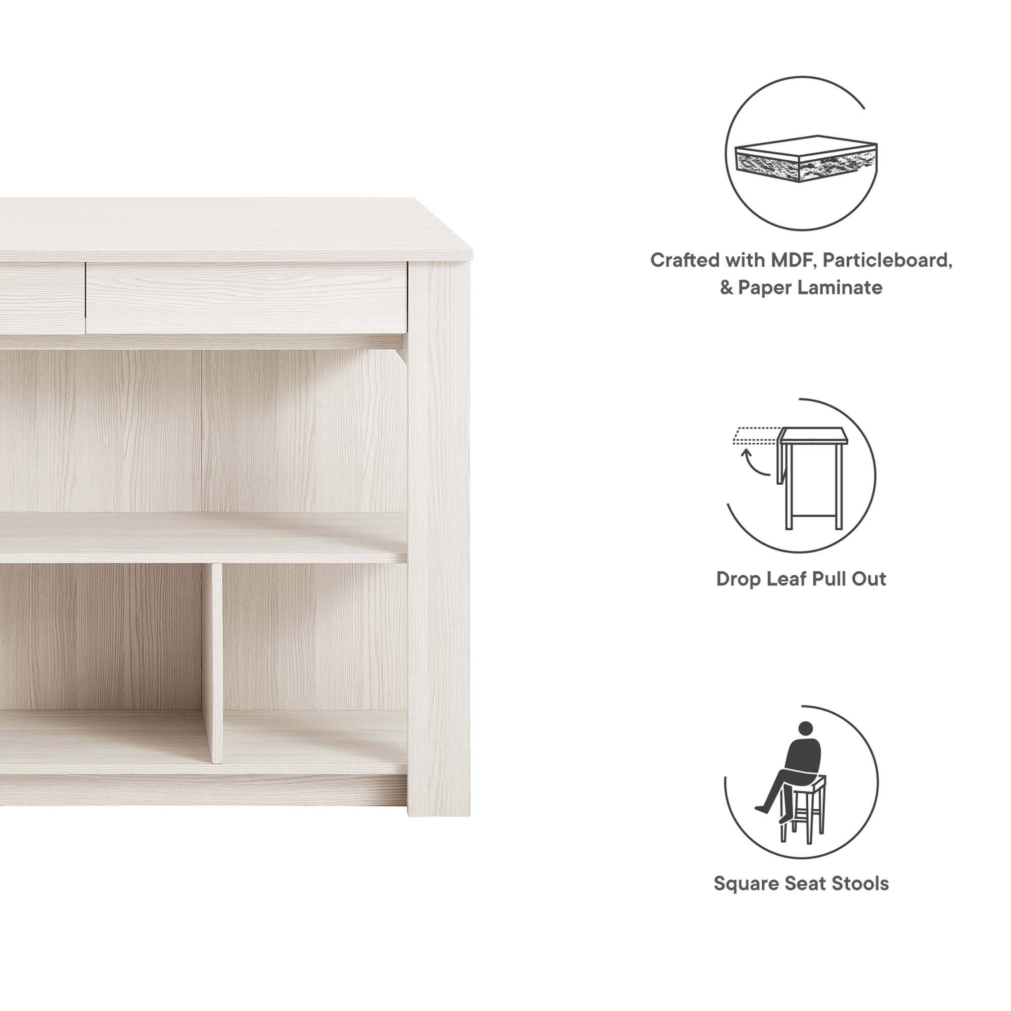 Crafted with MDF, Particleboard, & Paper Laminate  
Drop Leaf Pull Out  
Square Seat Stools