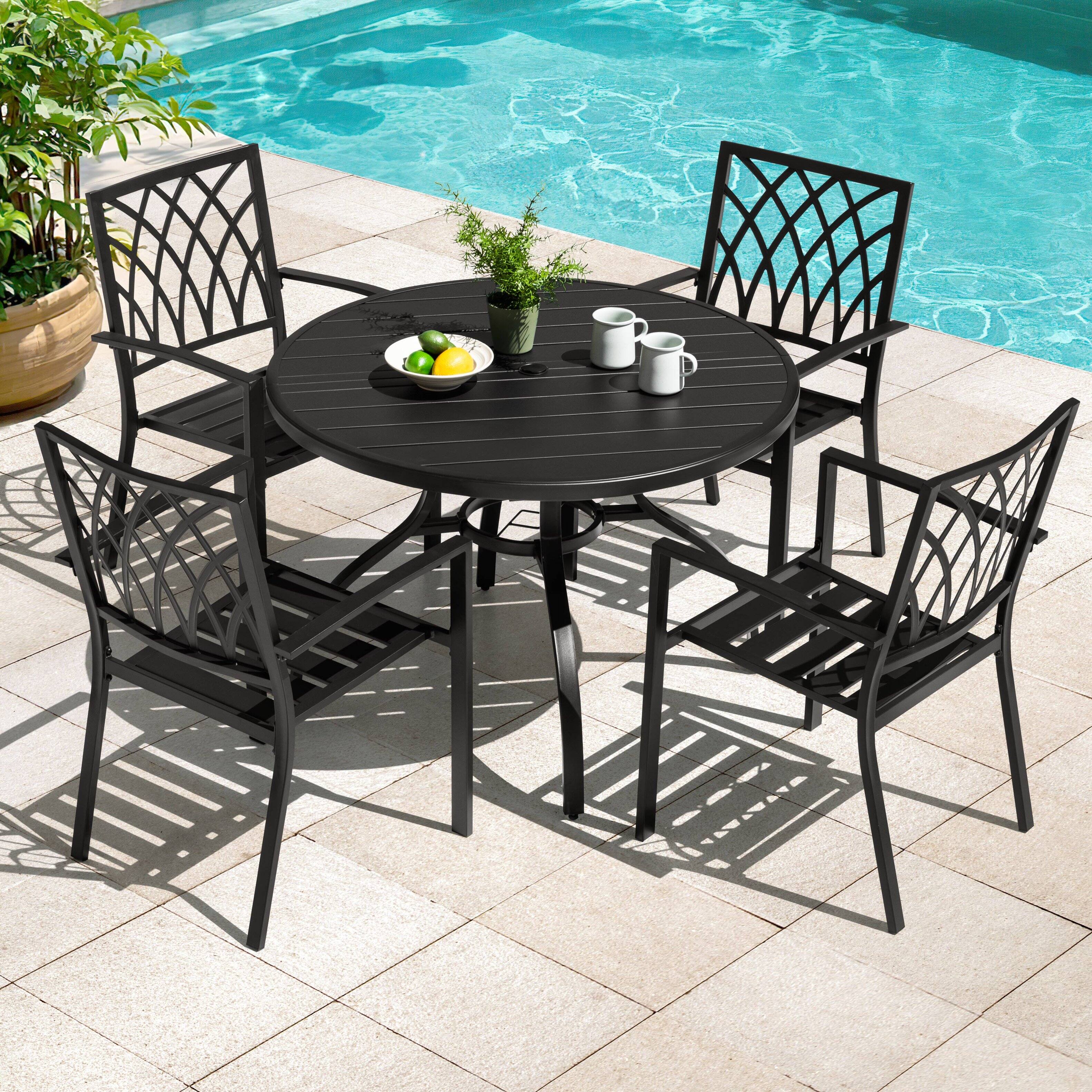 Left. Nuu Garden - Outdoor 5PCS Patio Metal Dining Set with Umbrella Hole, All-Weather Design - Black.