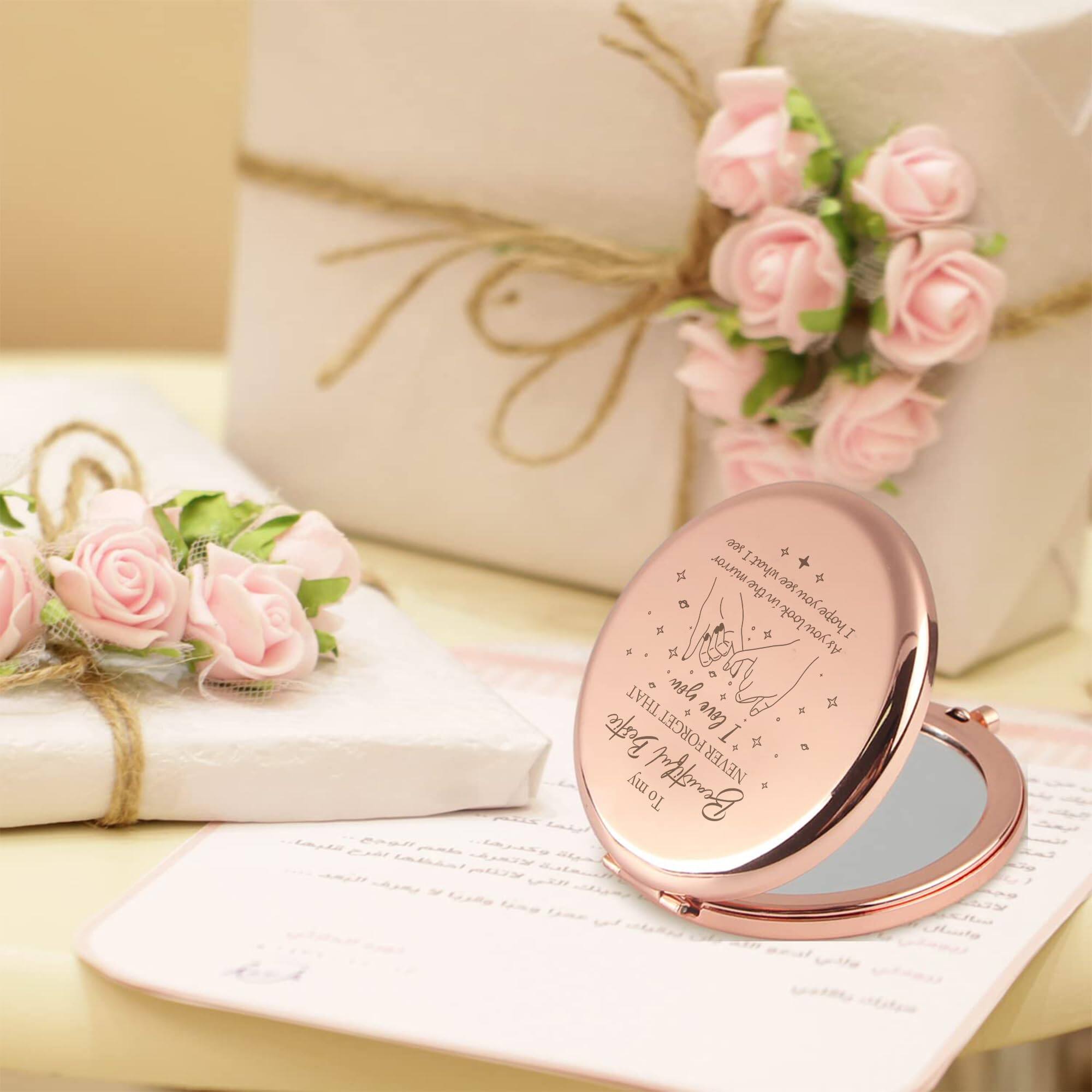 Sure, here is the corrected and grouped text:

---

**On the Compact Mirror:**
- "I love you"
- "I will never forget you"
- "You are beautiful"
- "To my best friend"

**On the Gift Box:**
- "Love"

**On the Paper:**
- "I love you"
- "You are the best"
- "I will always be here for you"

---

This text is grouped based on the items in the image.