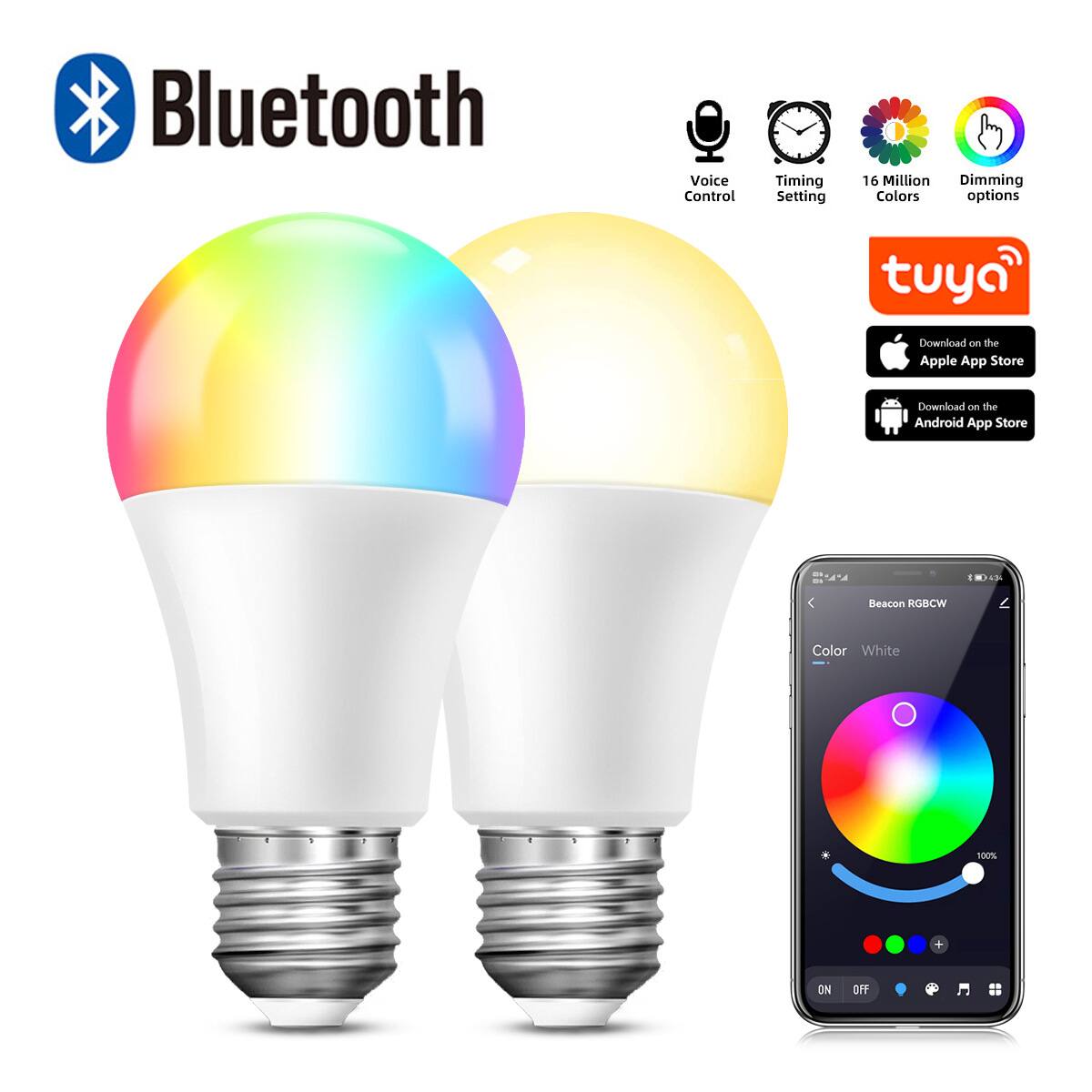 Bluetooth  
Voice Control  
Timing Setting  
16 Million Colors  
Dimming options  

tuya  
Download on the Apple App Store  
Download on the Android App Store  

Beacon RGBCW  
Color: White  
100%  
ON OFF