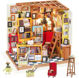 Robotime - Rolife Sam's Study DIY Miniature Dollhouse Kit Bookstore Room Making Kit Mini Library Diorama, Wooden Model Building Set - Brown