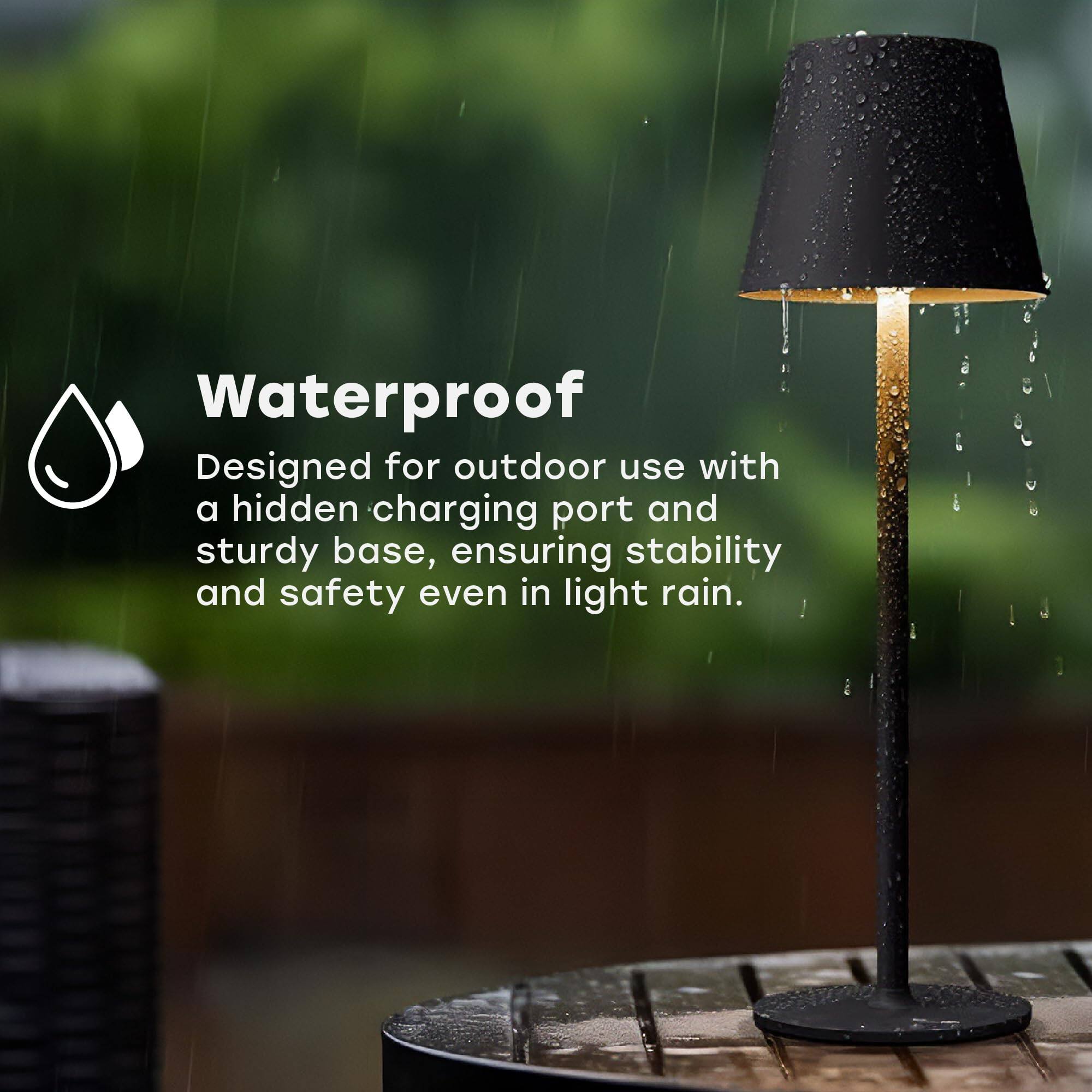Waterproof  
Designed for outdoor use with a hidden charging port and sturdy base, ensuring stability and safety even in light rain.