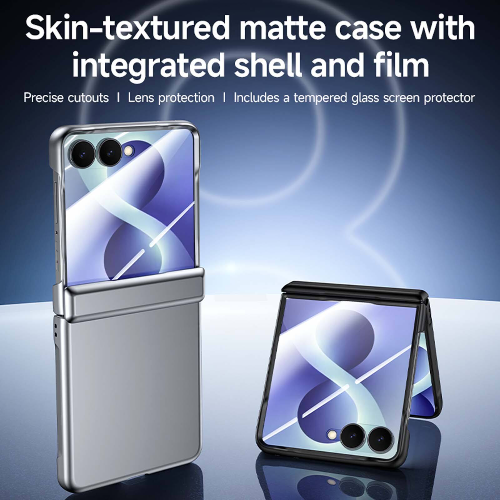 Skin-textured matte case with integrated shell and film  
Precise cutouts | Lens protection | Includes a tempered glass screen protector