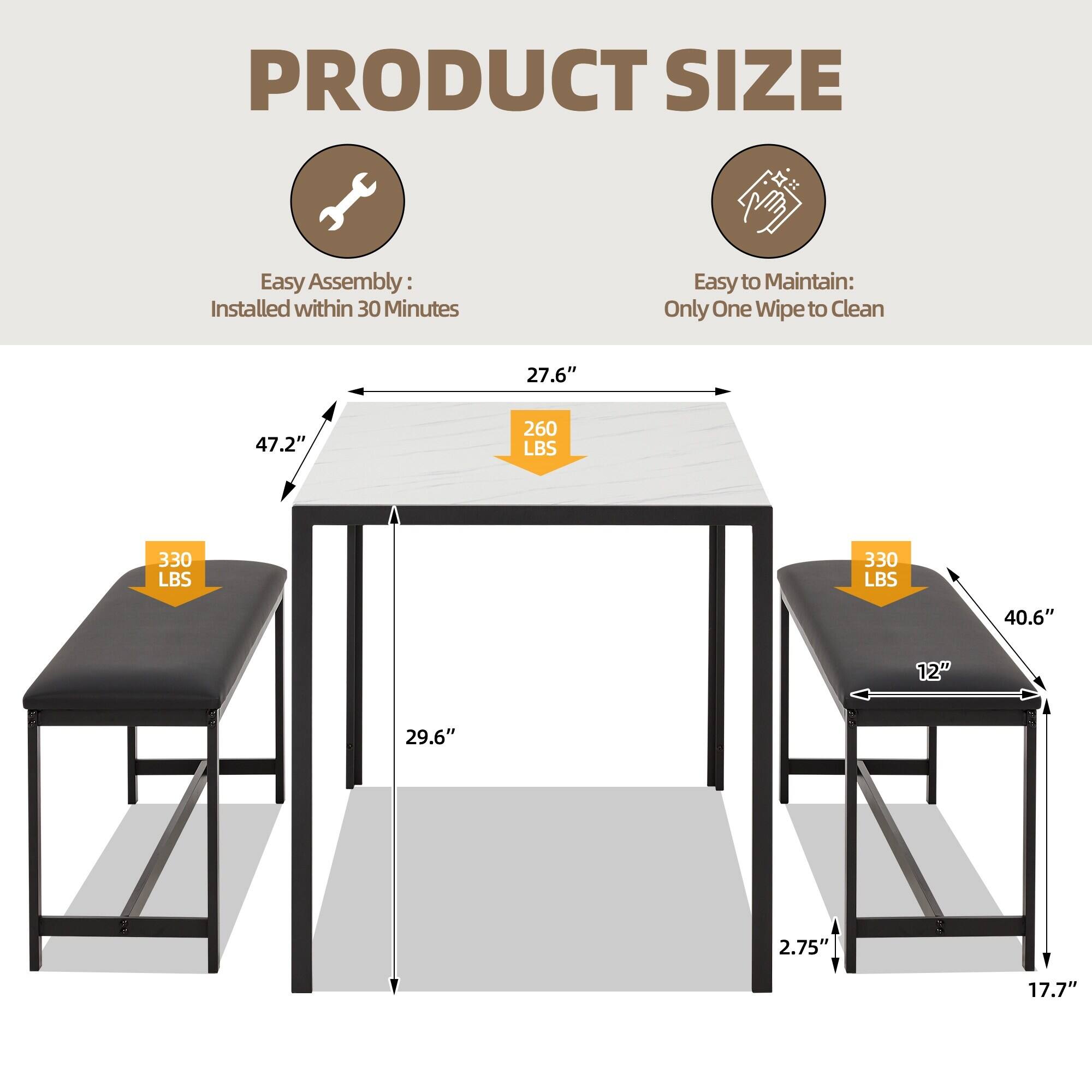 PRODUCT SIZE  
Easy Assembly: Installed within 30 Minutes  
Easy to Maintain: Only One Wipe to Clean  

- 27.6"  
- 47.2"  
- 260 LBS  
- 330 LBS  
- 330 LBS  
- 40.6"  
- 12"  
- 29.6"  
- 2.75"  
- 17.7"