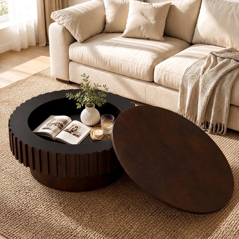 Alt View 4. WELLFOR - Modern Round Coffee Table with Storage, Wooden Drum Center Tables with Hidden Compartment - Walnut.