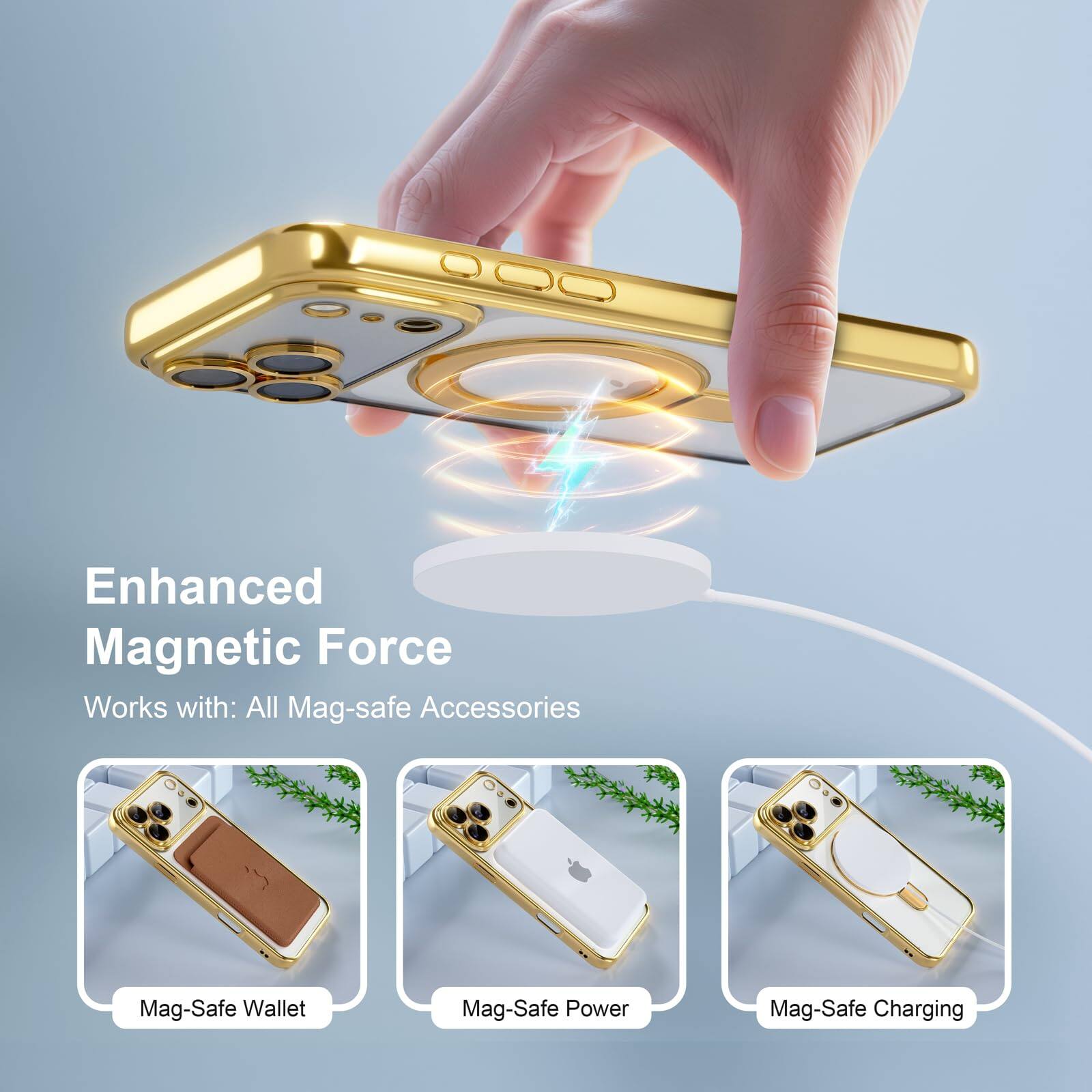 Enhanced Magnetic Force  
Works with: All Mag-safe Accessories  

Mag-Safe Wallet  
Mag-Safe Power  
Mag-Safe Charging