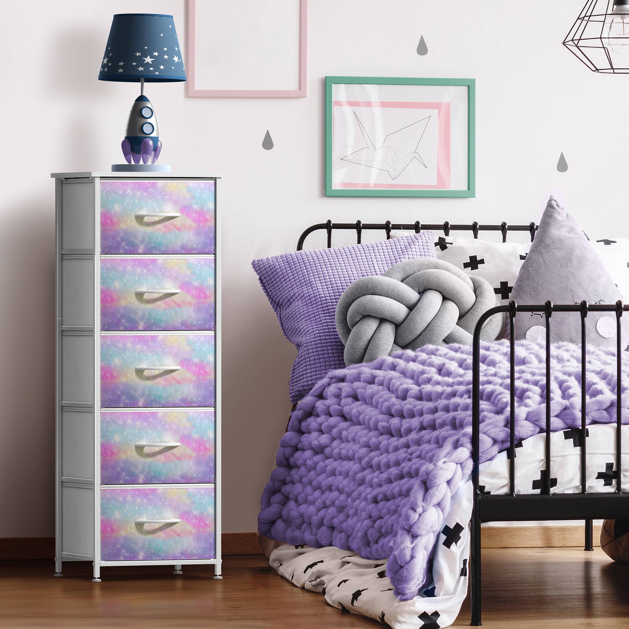 Alt View 4. Sorbus - Sorbus Narrow 5 Drawers Nightstand with Steel Frame, Wood Top, Easy Pull Fabric Bins for Home, Bedroom, Office & Dorm - Rainbow sparkle.