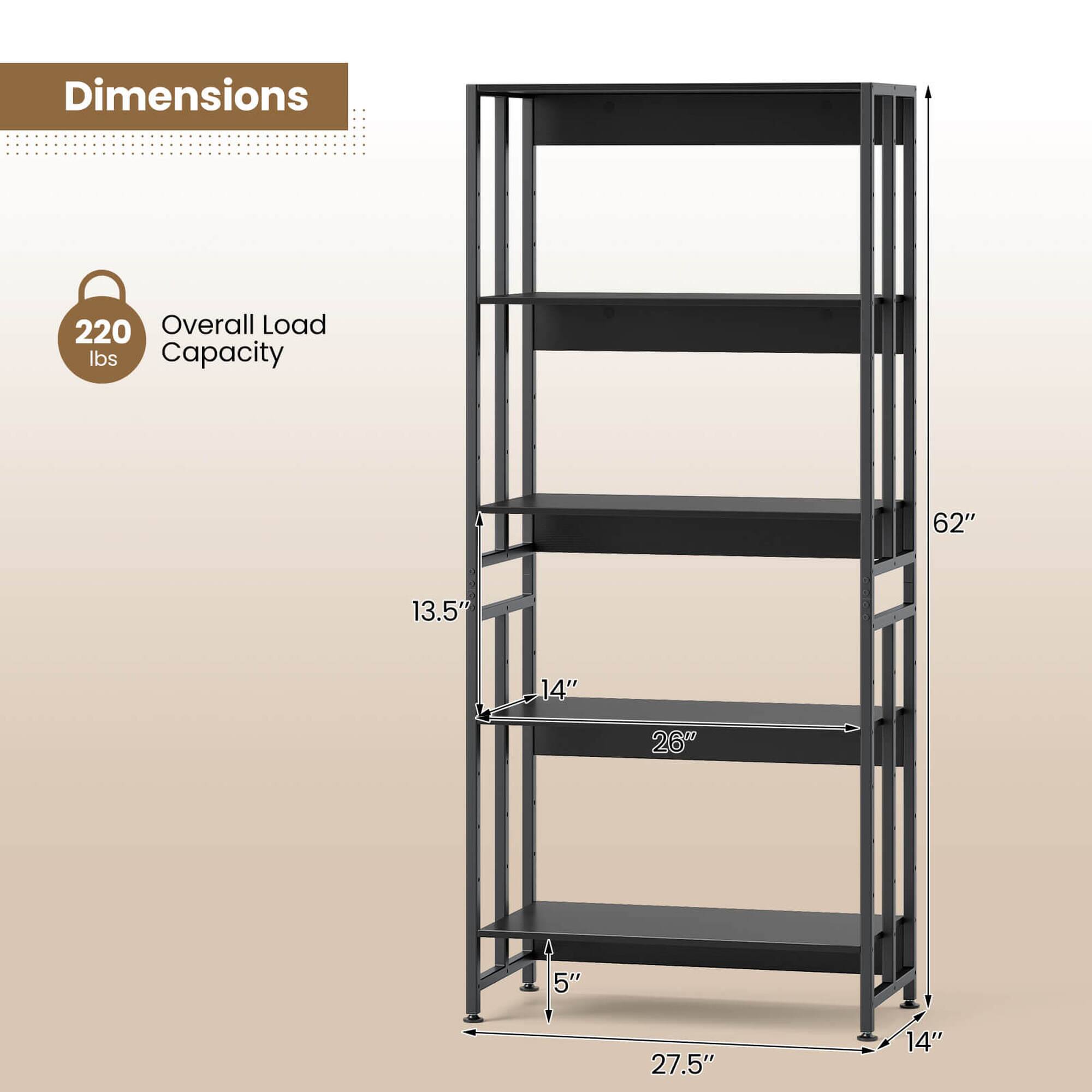 Dimensions 62" 13.5" 14" 26" 5" 27.5" 14" Overall Load Capacity 220 lbs