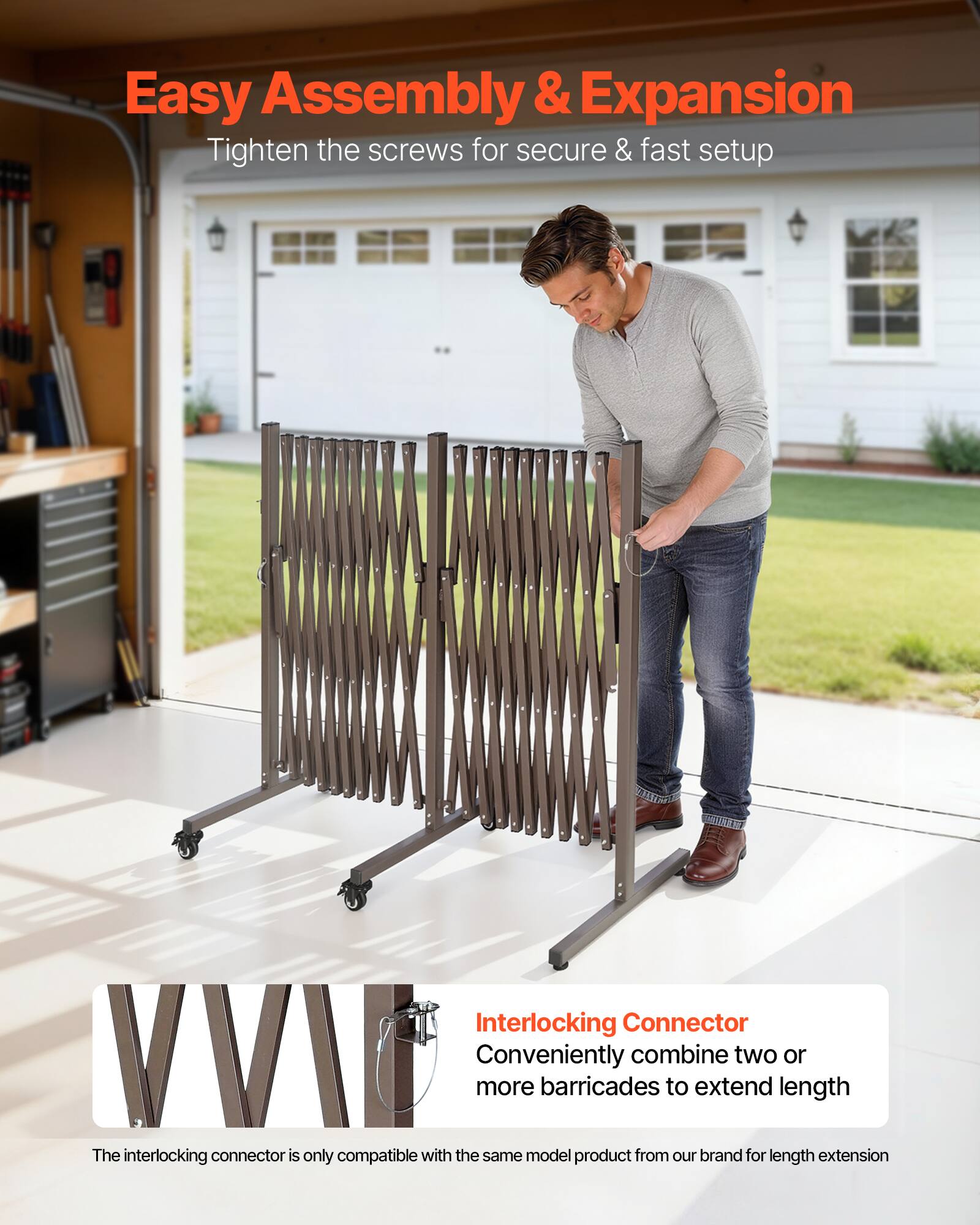 Easy Assembly & Expansion  
Tighten the screws for secure & fast setup  

Interlocking Connector  
Conveniently combine two or more barricades to extend length  
The interlocking connector is only compatible with the same model product from our brand for length extension