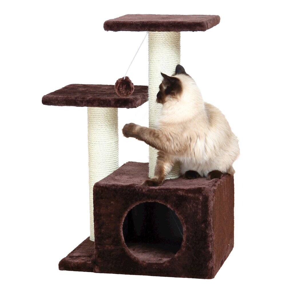 Left. TRIXIE - Valencia Plush & Sisal 3-Level 28" Cat Tree with Scratching Posts & Condo - Brown.