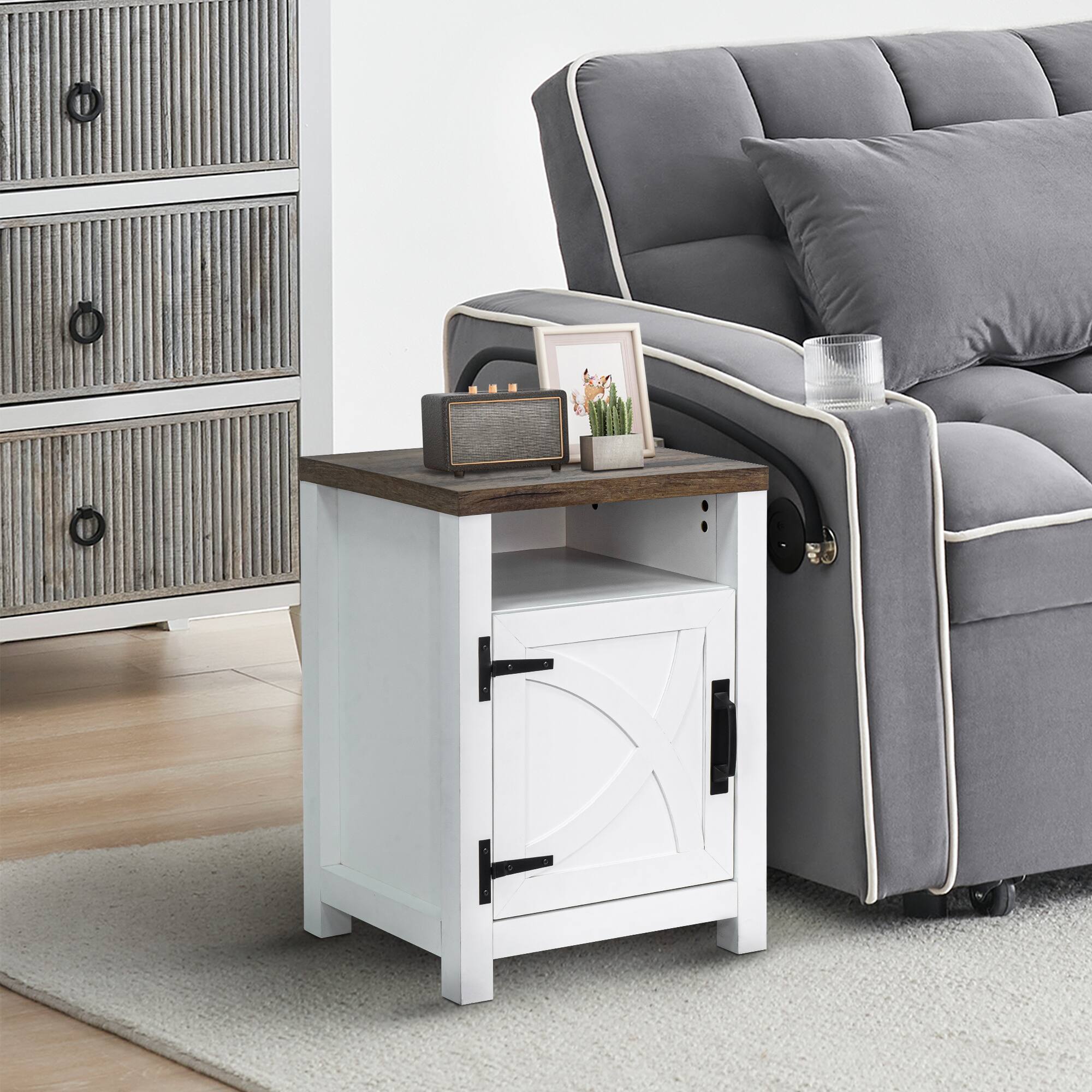 Angle. Ihomeadore - Farmhouse Barn Door Nightstand Bedside Table with Adjustable Shelves - White and Brown.