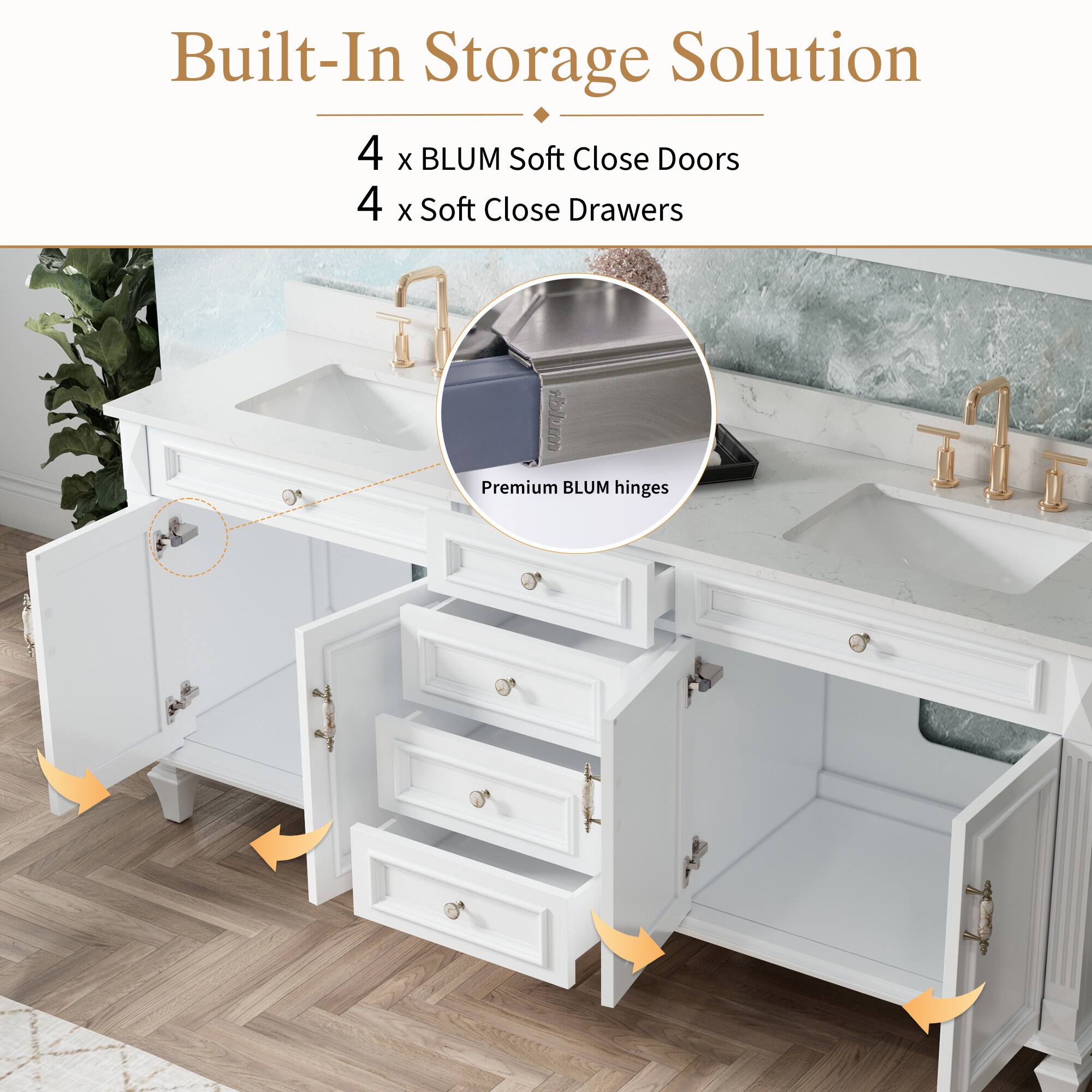 Built-In Storage Solution  
4 x BLUM Soft Close Doors  
4 x Soft Close Drawers  
Premium BLUM hinges