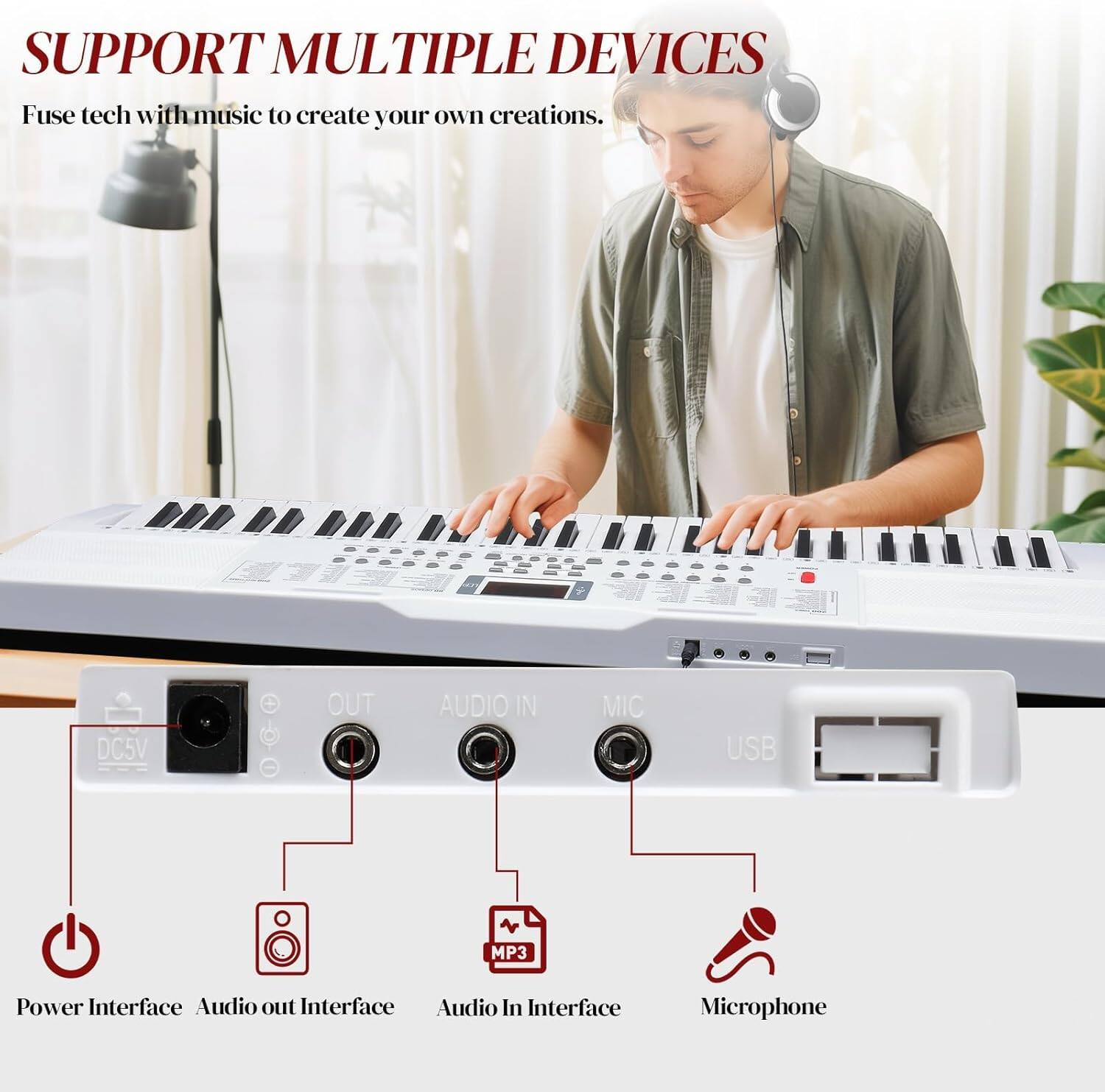 SUPPORT MULTIPLE DEVICES

Fuse tech with music to create your own creations.

- DC5V OUT
- AUDIO IN
- MIC
- USB
- MP3

Power Interface
Audio out Interface
Audio In Interface
Microphone