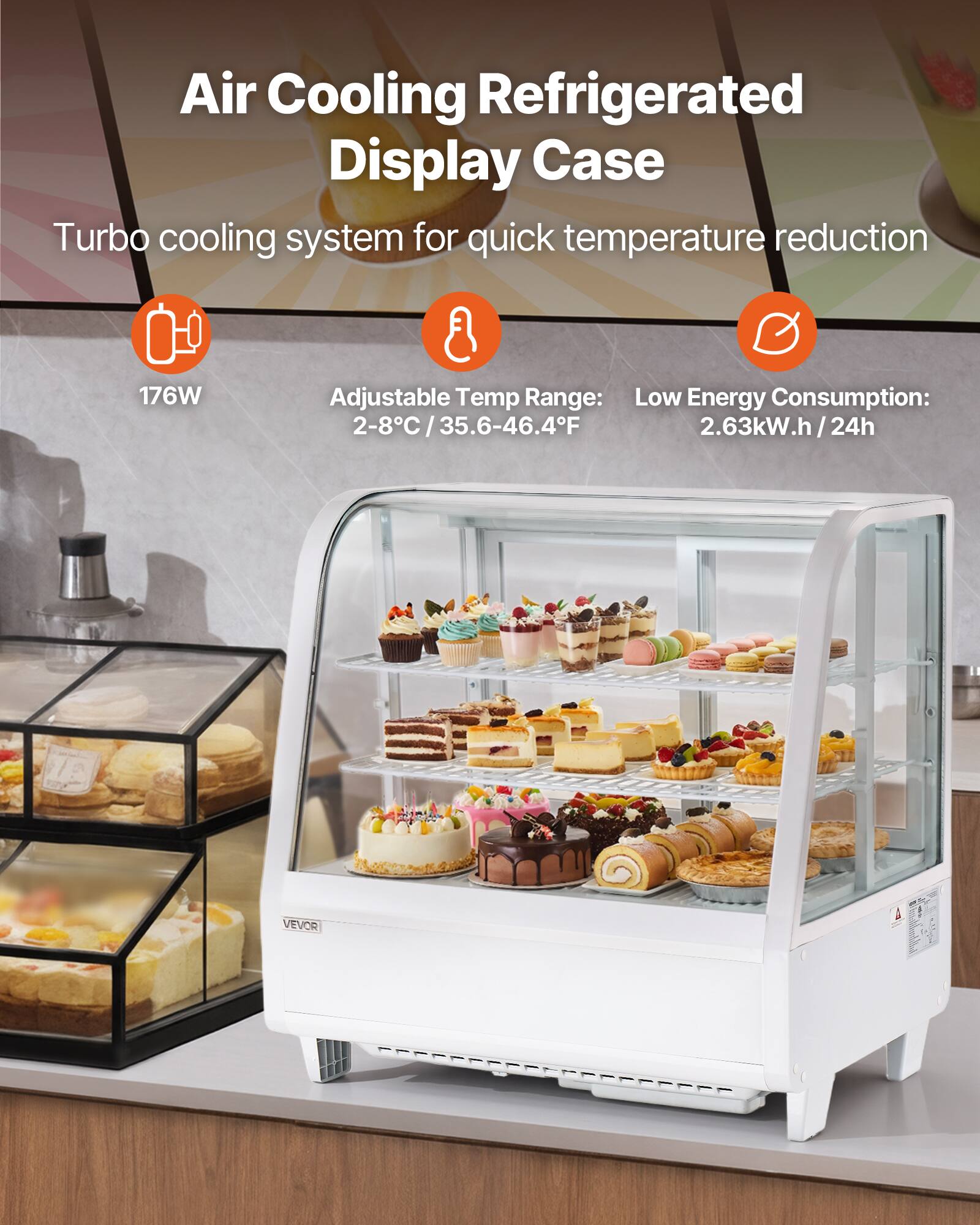 Air Cooling Refrigerated Display Case  
Turbo cooling system for quick temperature reduction  

176W  
Adjustable Temp Range: 2-8°C / 35.6-46.4°F  
Low Energy Consumption: 2.63kW.h / 24h  

VEVOR