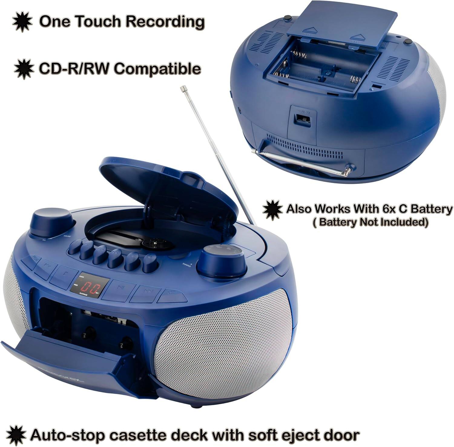 - One Touch Recording
- CD-R/RW Compatible
- Also Works With 6x C Battery (Battery Not Included)
- Auto-stop cassette deck with soft eject door