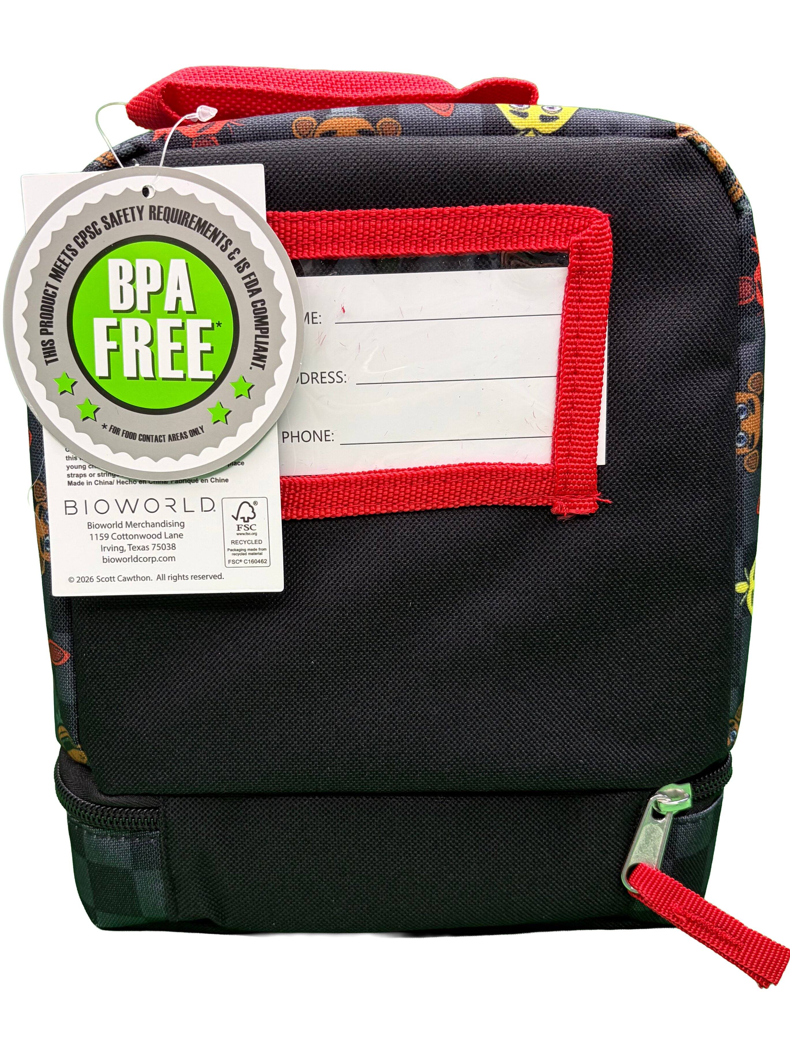 SAFETY REQUIREMENTS CPSC 3 MEETS IS FDA PRODUCT BP THIS FREE COMPLIANT.

BPA FREE  
* FOR FOOD CONTACT AREAS ONLY

Made in China

Bioworld Merchandising  
1159 Cottonwood Lane  
Irving, Texas 75038  
bioworldcorp.com

© 2026 Scott Cawthon. All rights reserved.

FSC  
RECYCLED  
FSC® C160842