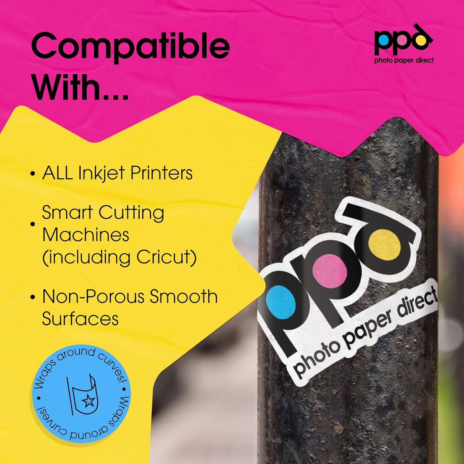 Compatible with...

- ALL Inkjet Printers
- Smart Cutting Machines (including Cricut)
- Non-Porous Smooth Surfaces

Wraps around curves!