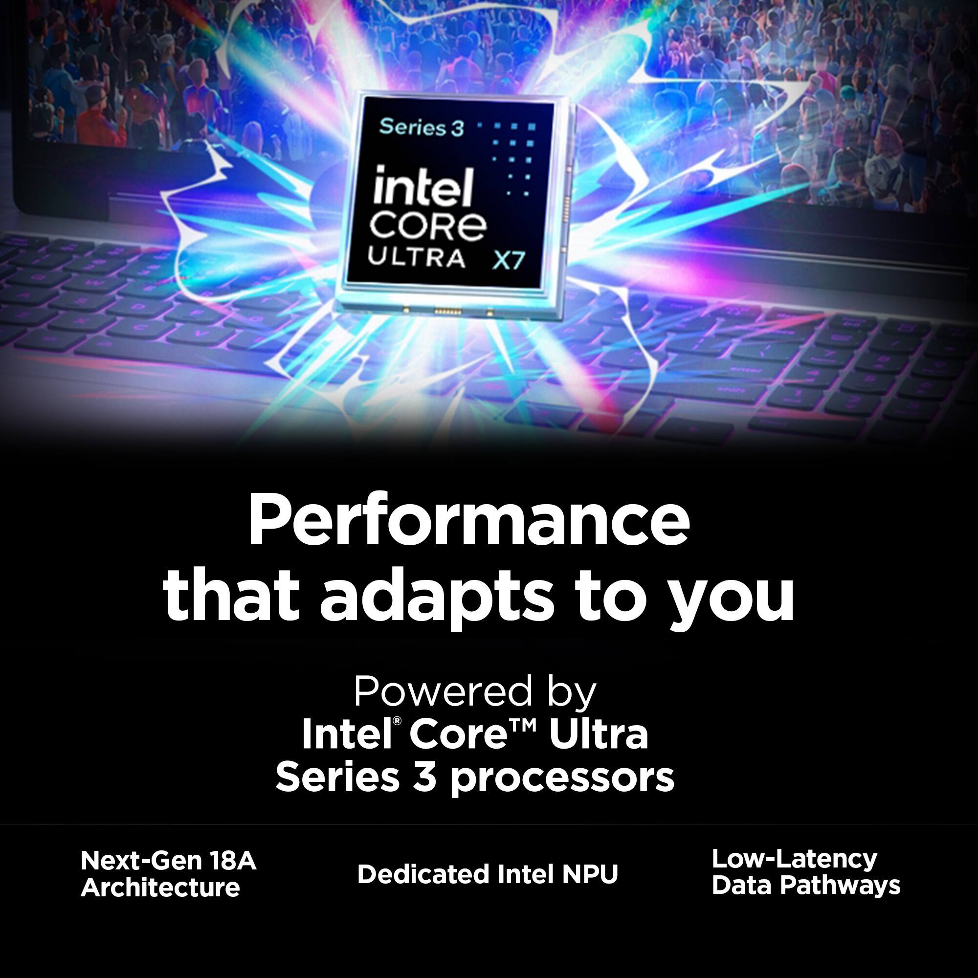 Q A 2  
W 8 x  
3 ET D  
P V  
Series 3 intel CORE ULTRA X7  

I  
S  
Performance that adapts to you  
Powered by TM Intel Core Ultra Series 3 processors  
Next-Gen 18A Architecture  
Dedicated Intel NPU  
Low-Latency Data Pathways