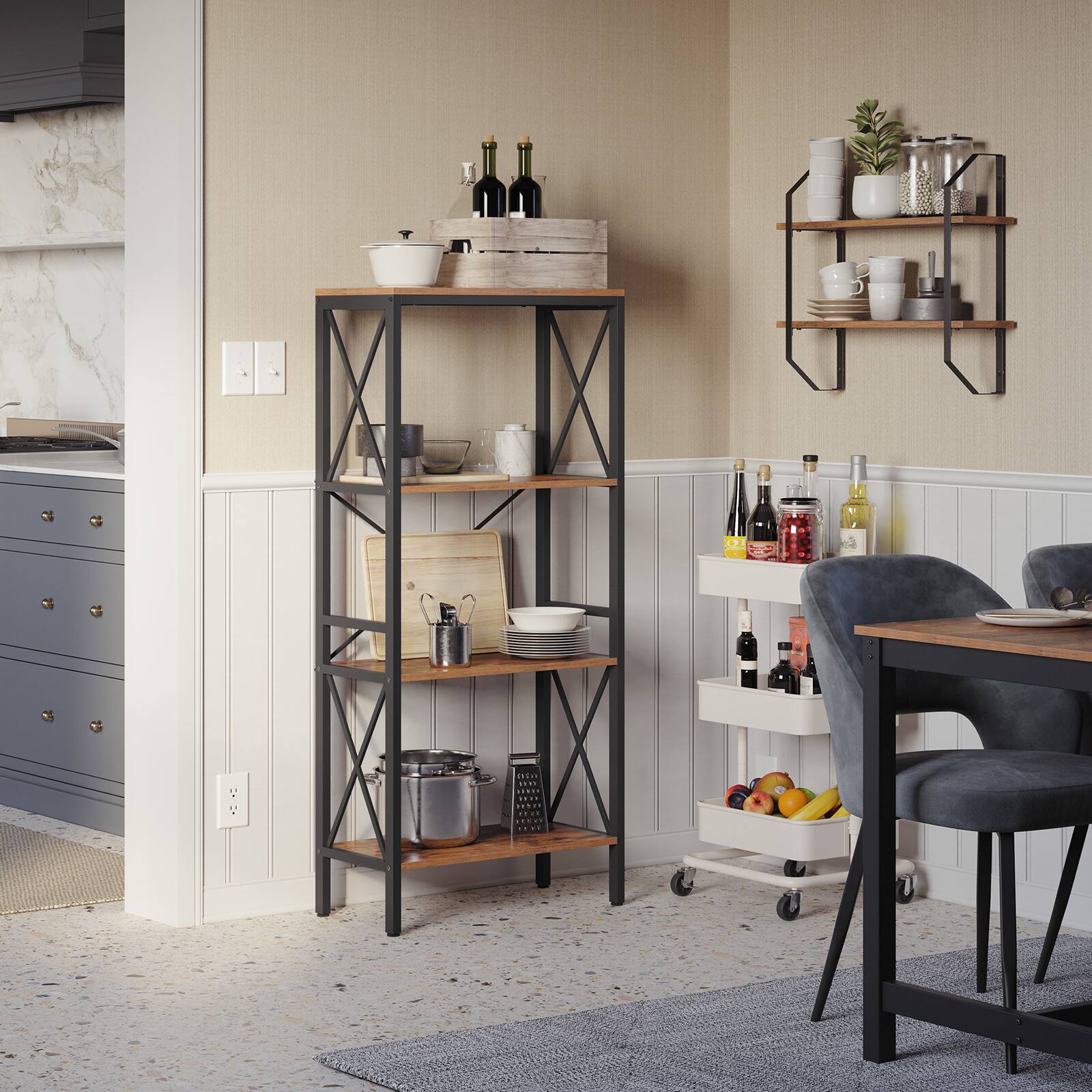 Left. Songmics Home - 4 Tier Farmhouse Bookshelf, Bookcase, Kitchen Shelf, Free Standing Shelf, Ladder Rack with 4 Open Shelves, Office - Rustic Brown and Black.
