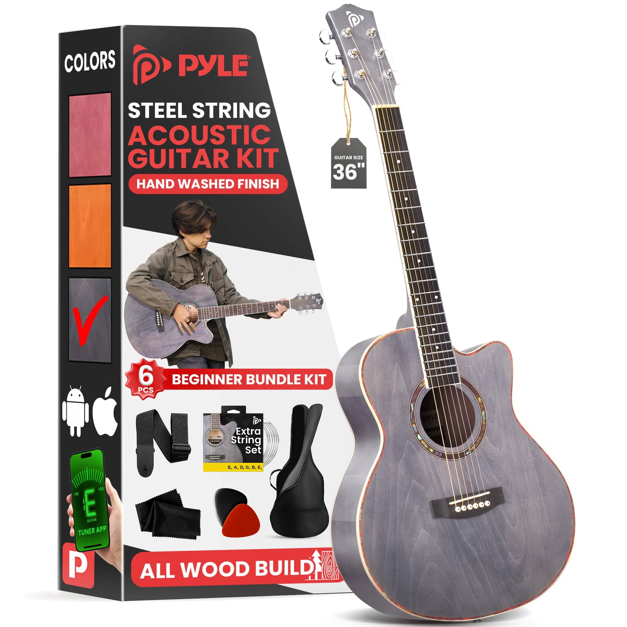 Pyle - Acoustic Guitar Kit, 3/4 Size All Wood Steel String Instrument, 36” Matte Gray for Beginners - PGA550CAB - Dusk Gray Matte