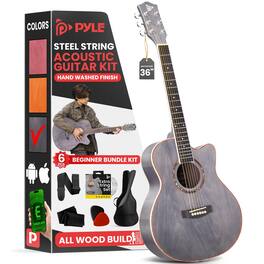 Pyle - Acoustic Guitar Kit, 3/4 Size All Wood Steel String Instrument, 36” Matte Gray for Beginners - PGA550CAB - Dusk Gray Matte