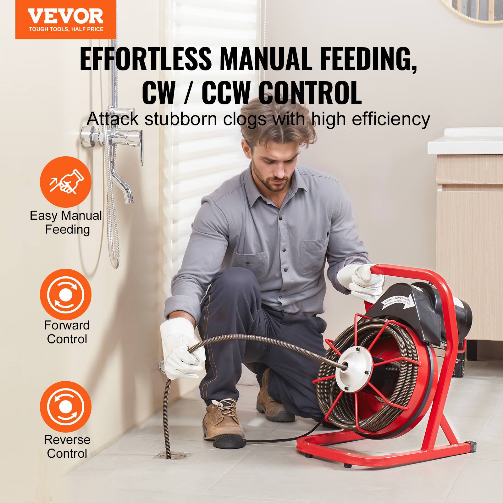 VEVOR TOUGH TOOLS, HALF PRICE
EFFORTLESS MANUAL FEEDING, CW / CCW / CONTROL
Attack stubborn clogs with high efficiency
Easy Manual Feeding
Forward Control
Reverse Control