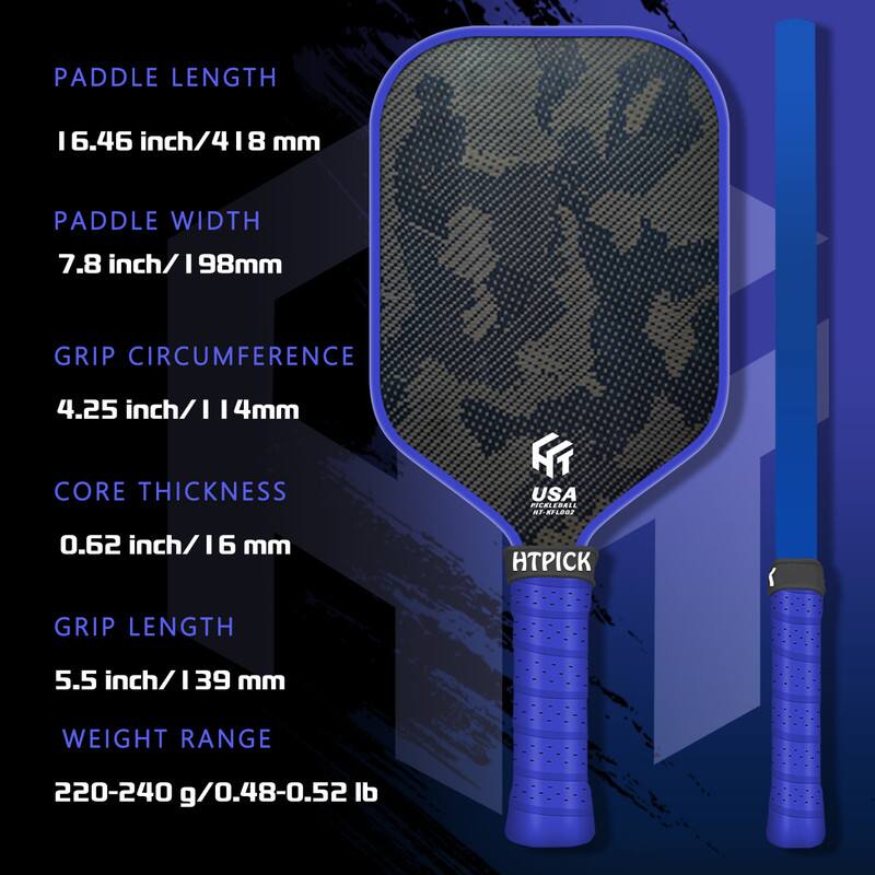 Paddle Length: 16.46 inch / 418 mm  
Paddle Width: 7.8 inch / 198 mm  
Grip Circumference: 4.25 inch / 114 mm  
Core Thickness: 0.62 inch / 16 mm  
Grip Length: 5.5 inch / 139 mm  
Weight Range: 220-240 g / 0.48-0.52 lb