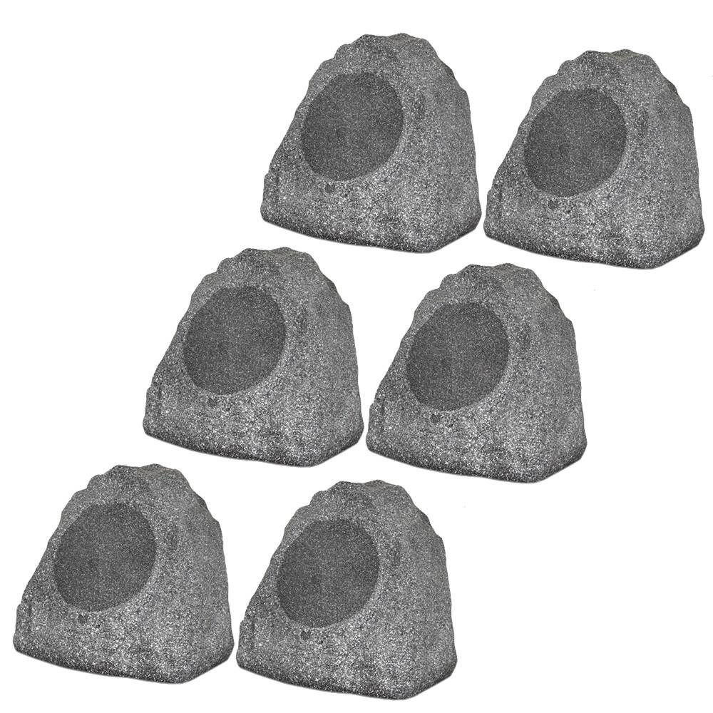 Theater Solutions by Goldwood - 6R8G Outdoor 8" Rock 6 Piece Speaker Set for Deck Pool Spa Yard Garden - Granite Gray