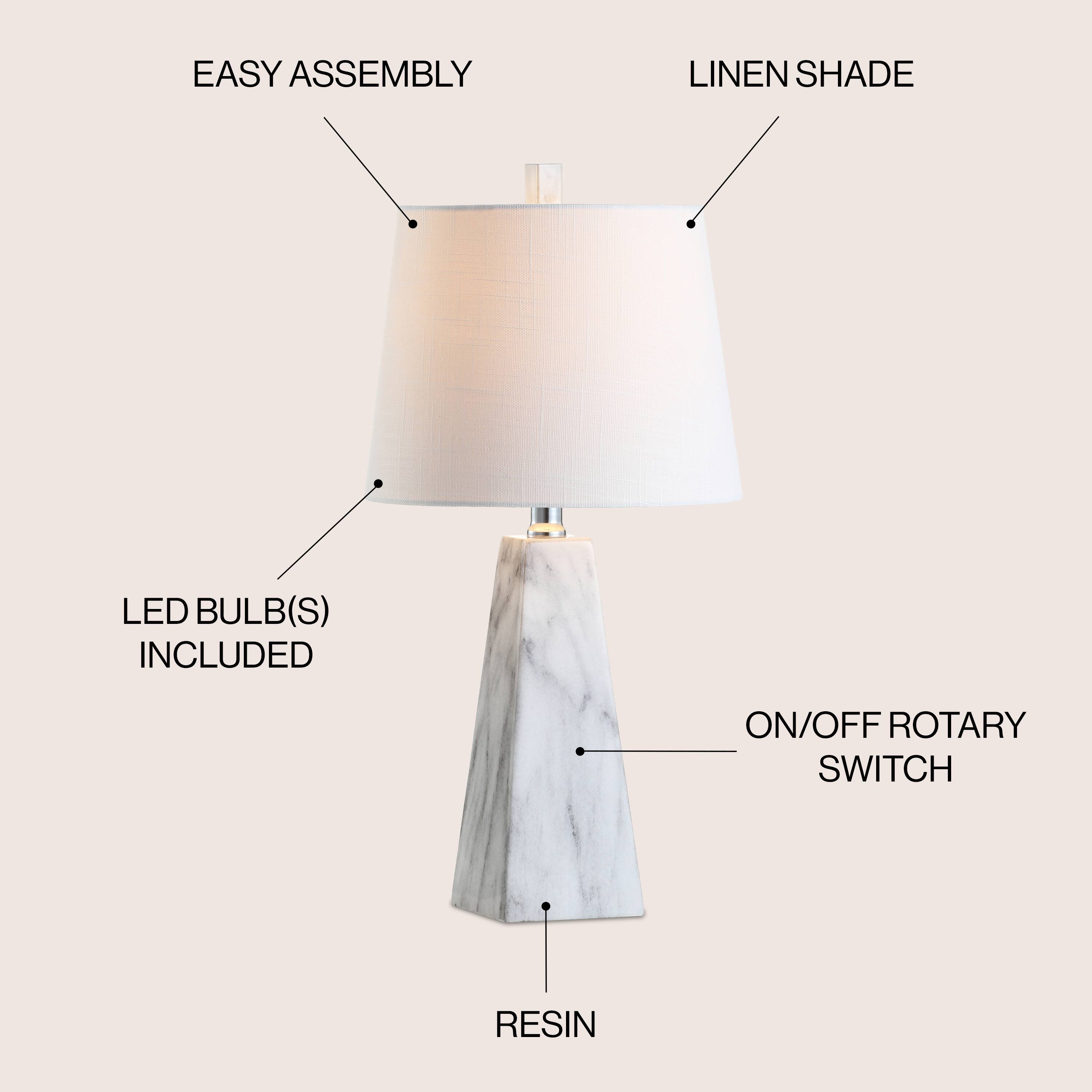 EASY ASSEMBLY  
LINEN SHADE  
LED BULB(S) INCLUDED  
ON/OFF ROTARY SWITCH  
RESIN