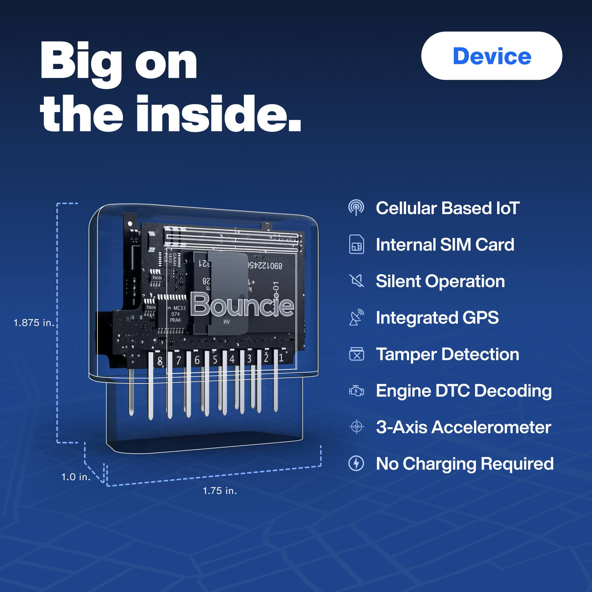 Big on the inside.  
Device  
Cellular Based IoT  
Internal SIM Card  
Silent Operation  
Integrated GPS  
Tamper Detection  
Engine DTC Decoding  
3-Axis Accelerometer  
No Charging Required  

1.875 in.  
1.0 in.  
1.75 in.