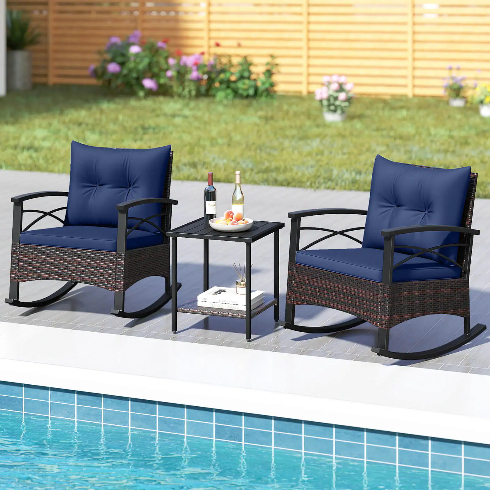 Alt View 4. Costway - Costway 3 PCS Rattan Rocking Chair Set with Acacia Wood Tabletop Armrests for Porch, Balcony - Mix Brown,Navy.