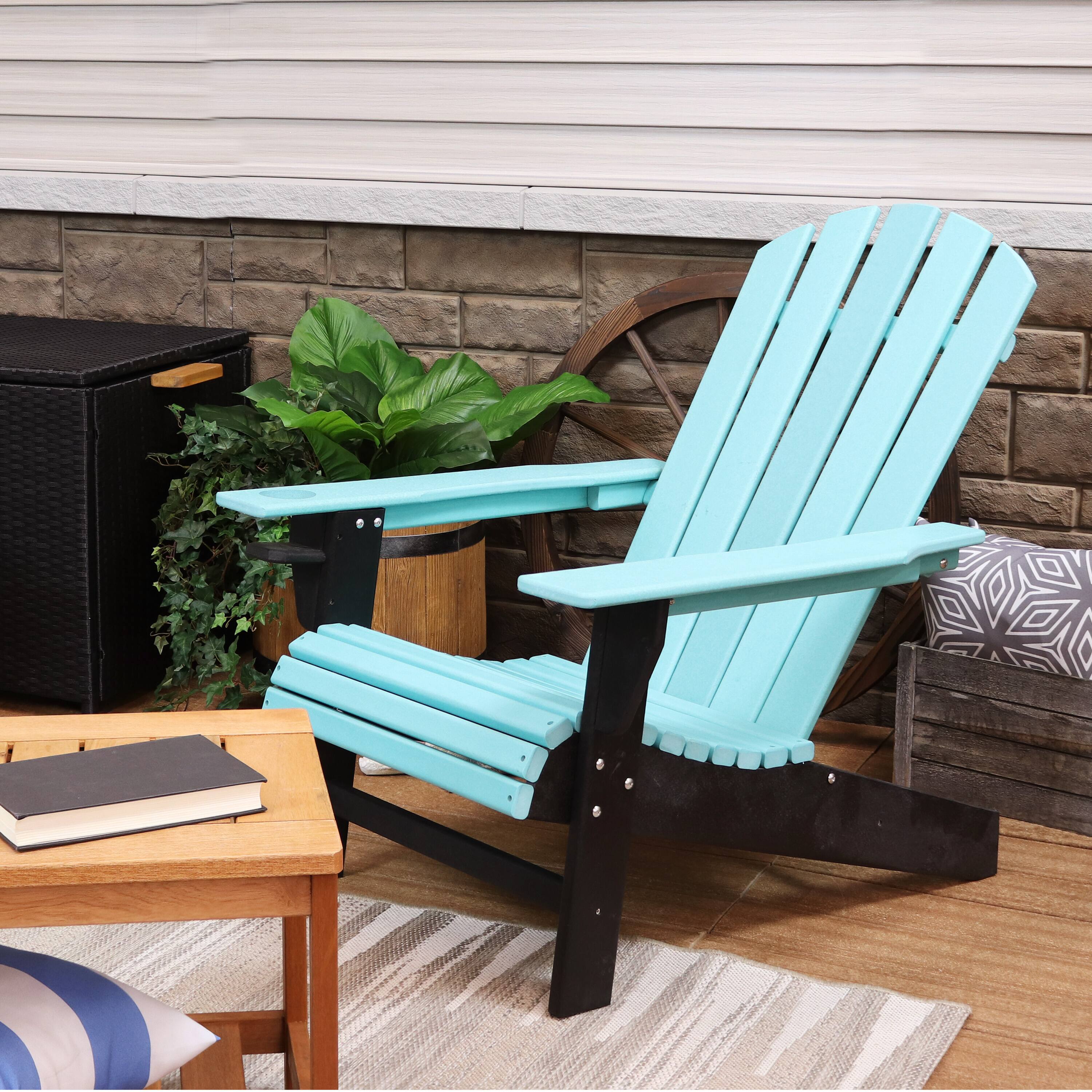 Alt View 3. Sunnydaze - HDPE Adirondack Chair with Drink Holder - Turquoise and Black.