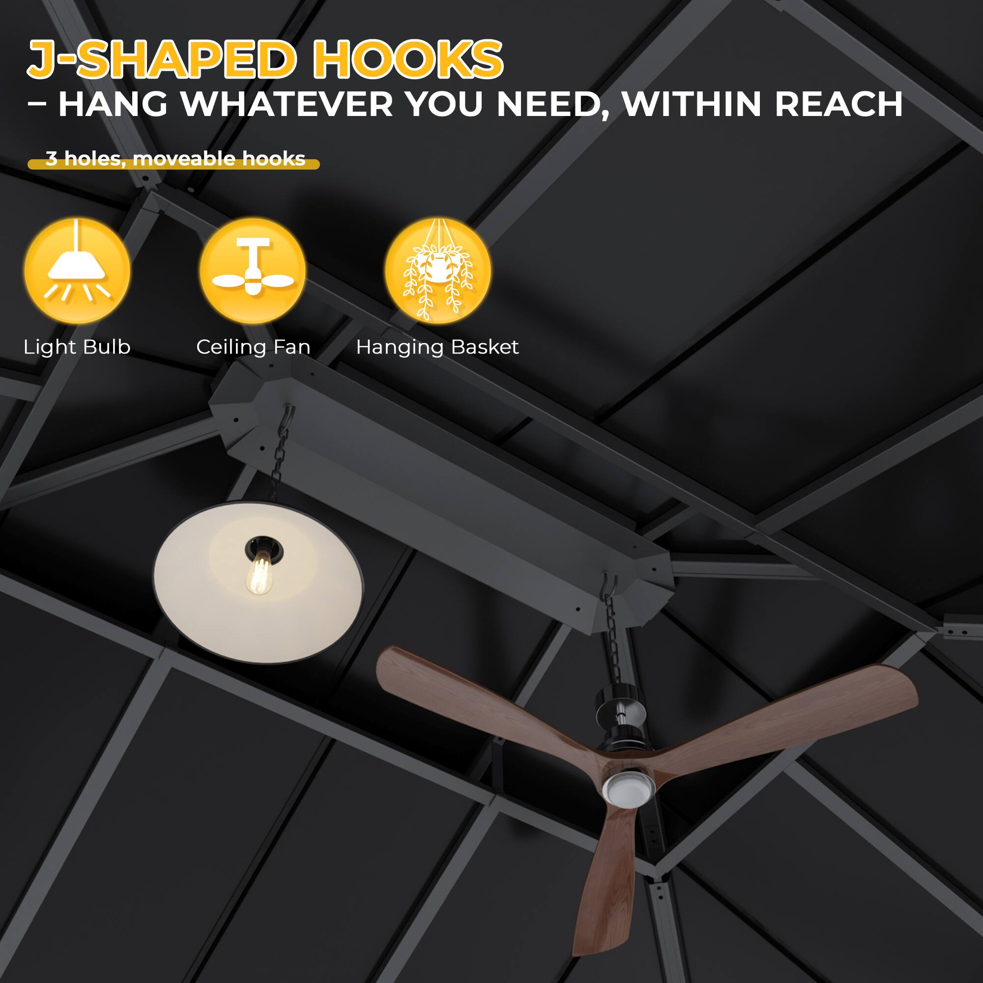J-SHAPED HOOKS - HANG WHATEVER YOU NEED, WITHIN REACH

3 holes, moveable hooks

Light Bulb Ceiling Fan Hanging Basket
