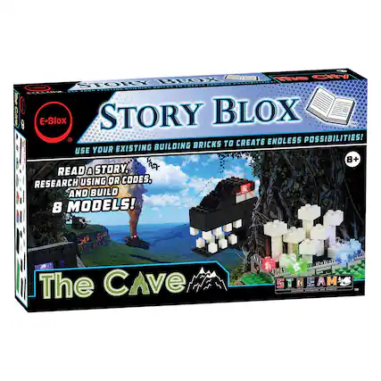 Sure, here is the corrected and grouped text from the image:
---
**E-Blox**
**STORY BLOX**
**BRICKS TO CREATE ENDLESS POSSIBILITIES!**
**USE YOUR EXISTING BUILDING BRICKS TO CREATE ENDLESS POSSIBILITIES!**
**READ A STORY, RESEARCH USING OR CODES, AND BUILD 8 MODELS!**
**The Cave**
**STEAM**
*Innovate, Integrate, Inspire*
**8+**
---
This text is organized to reflect the information on the box as it appears.