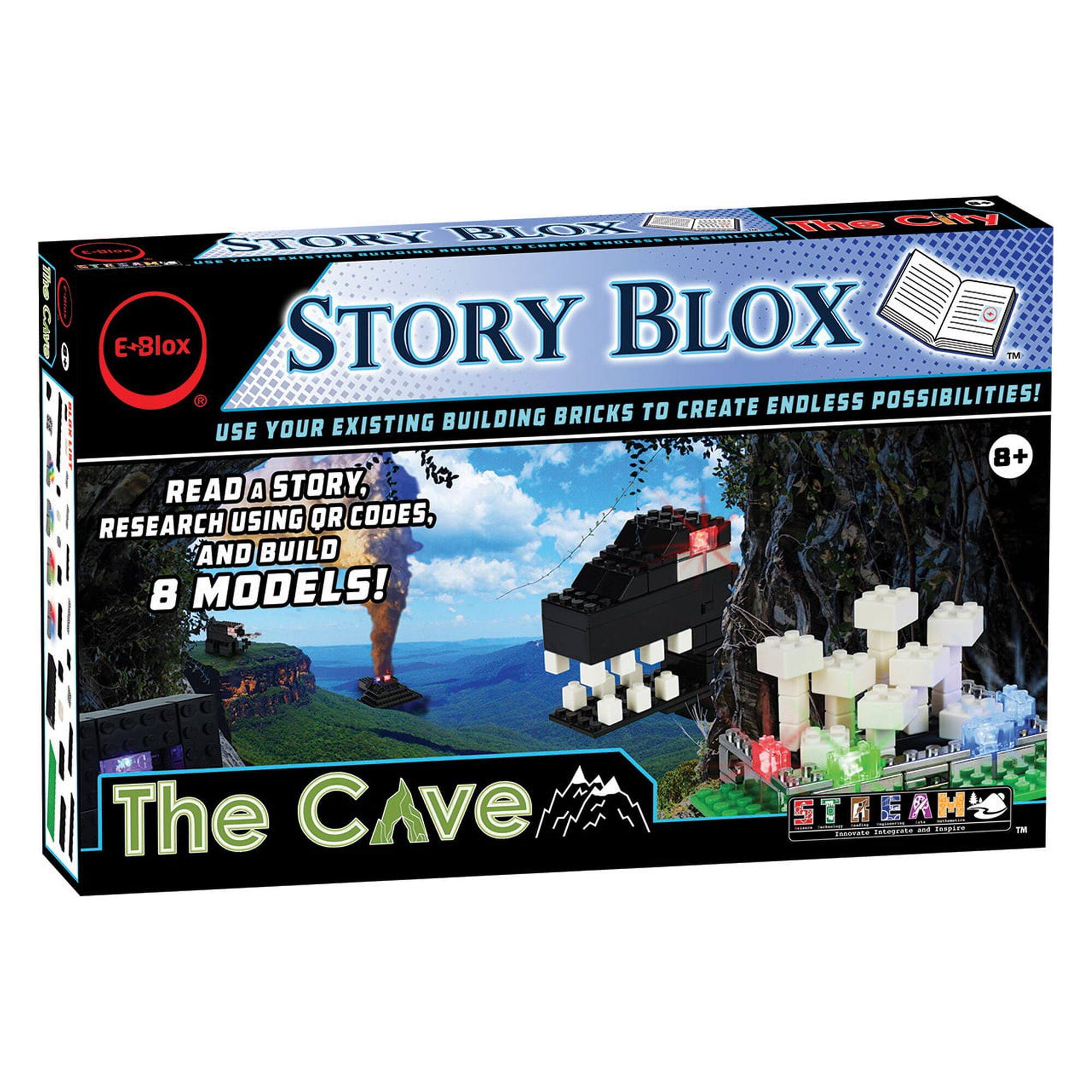 Sure, here is the corrected and grouped text from the image:

---

**E-Blox**

**STORY BLOX**

**BRICKS TO CREATE ENDLESS POSSIBILITIES!**

**USE YOUR EXISTING BUILDING BRICKS TO CREATE ENDLESS POSSIBILITIES!**

**READ A STORY, RESEARCH USING OR CODES, AND BUILD 8 MODELS!**

**The Cave**

**STEAM**  
*Innovate, Integrate, Inspire*

**8+**

---

This text is organized to reflect the information on the box as it appears.